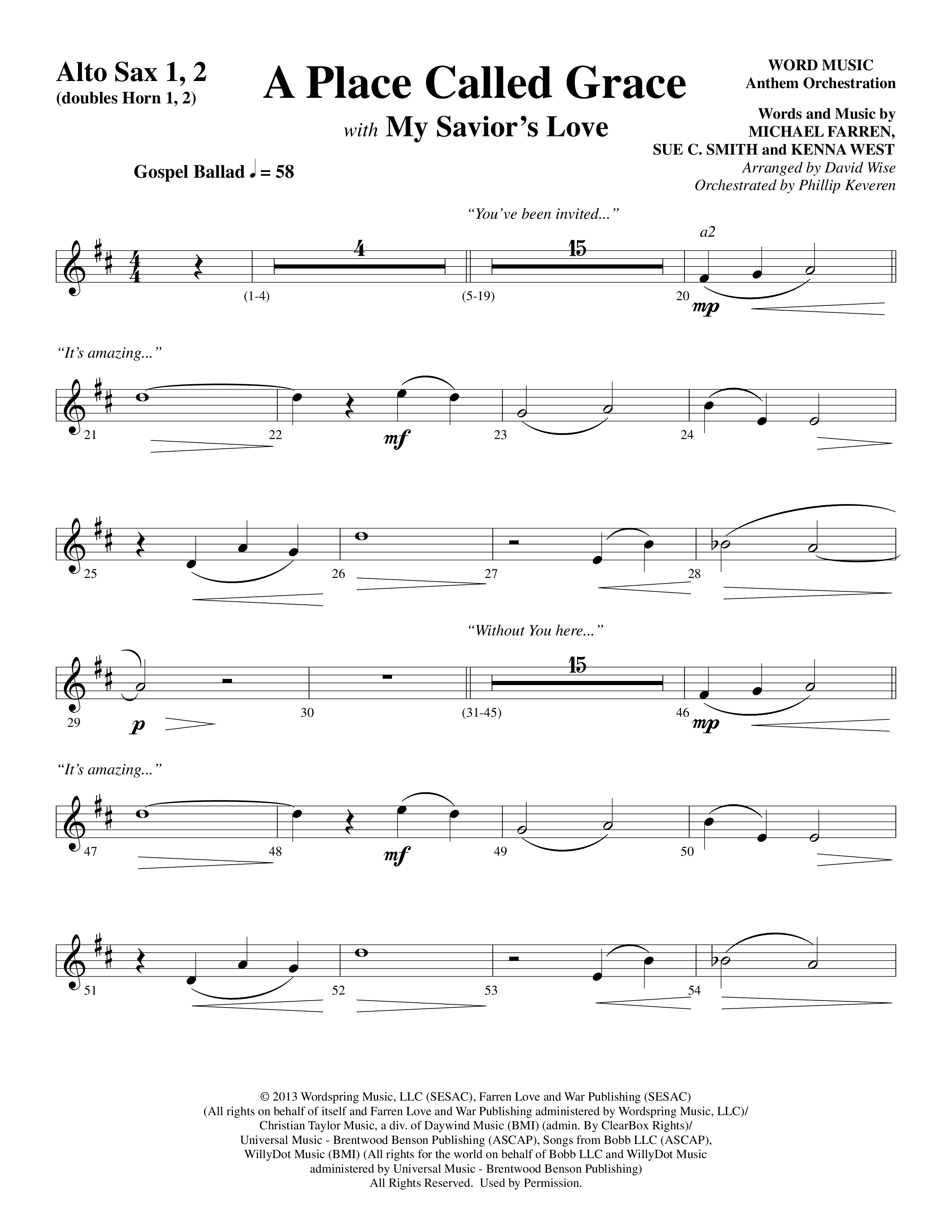 A Place Called Grace (with My Savior's Love) (Choral Anthem SATB) Alto Sax 1/2 (Arr. David Wise / Orch. Phillip Keveren)