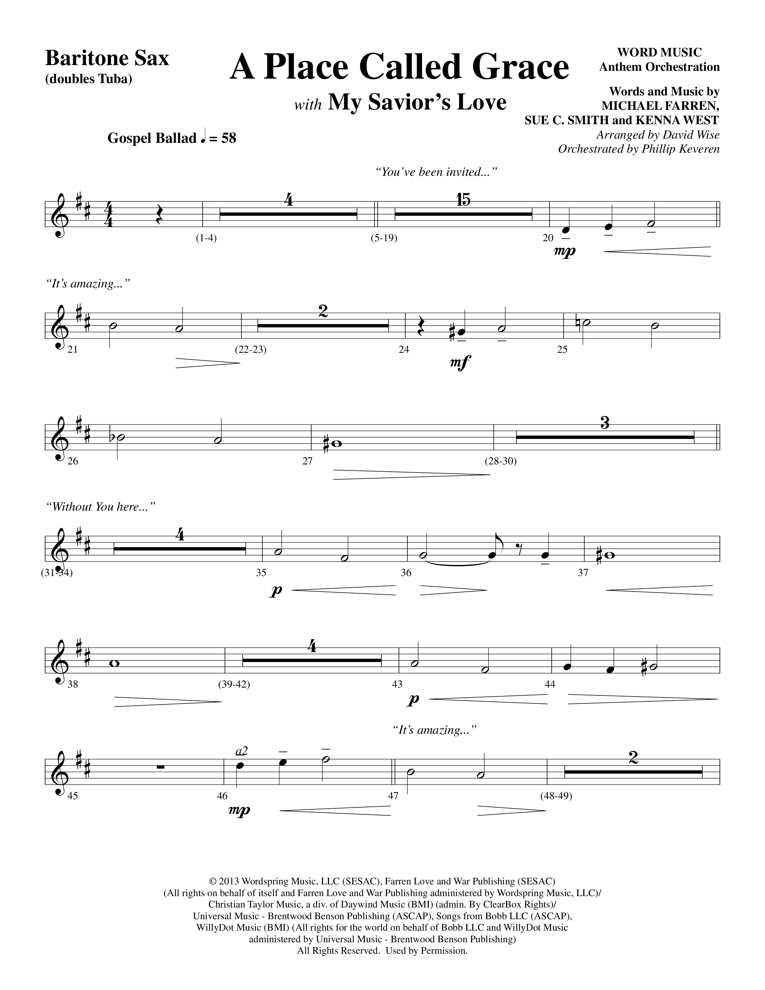 A Place Called Grace (with My Savior's Love) (Choral Anthem SATB) Bari Sax (Arr. David Wise / Orch. Phillip Keveren)