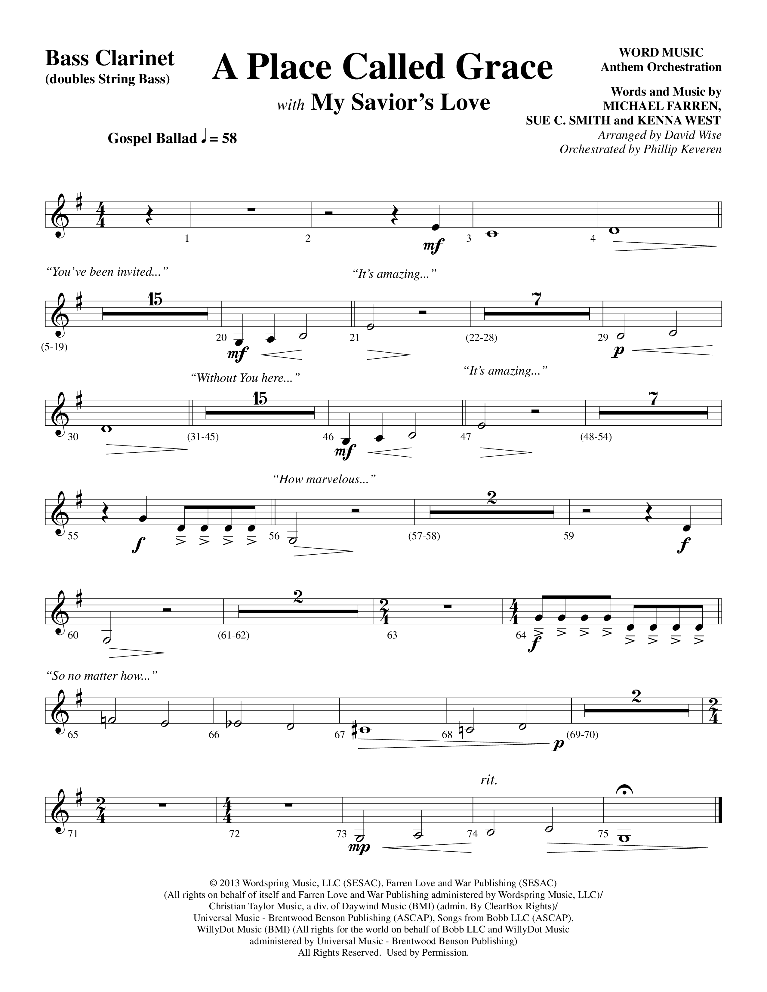 A Place Called Grace (with My Savior's Love) (Choral Anthem SATB) Bass Clarinet (Arr. David Wise / Orch. Phillip Keveren)