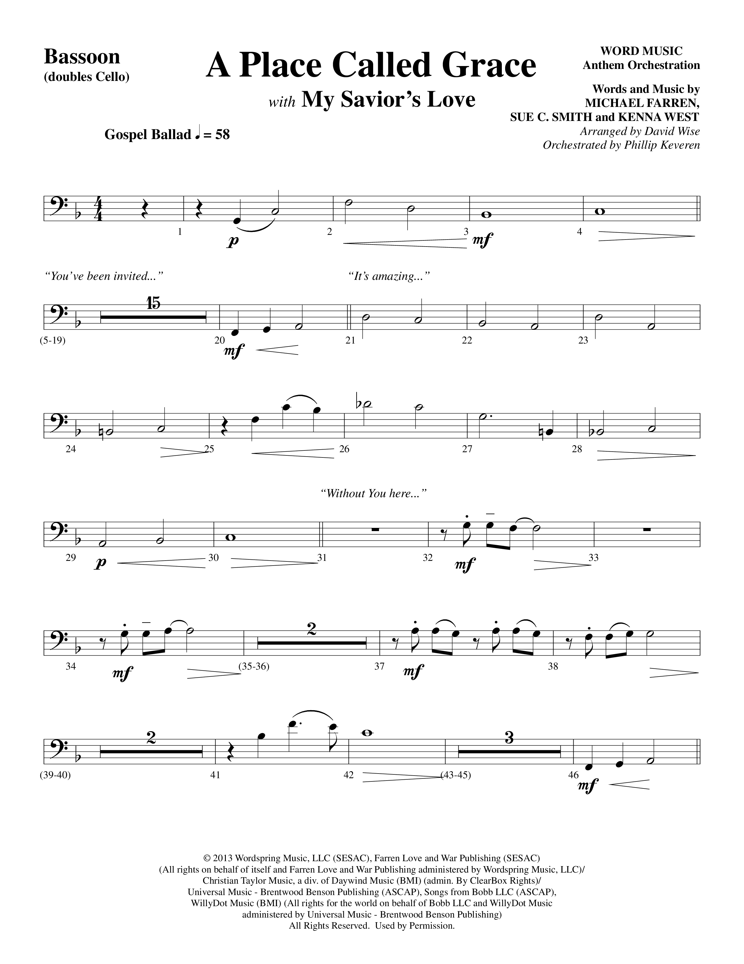 A Place Called Grace (with My Savior's Love) (Choral Anthem SATB) Bassoon (Arr. David Wise / Orch. Phillip Keveren)