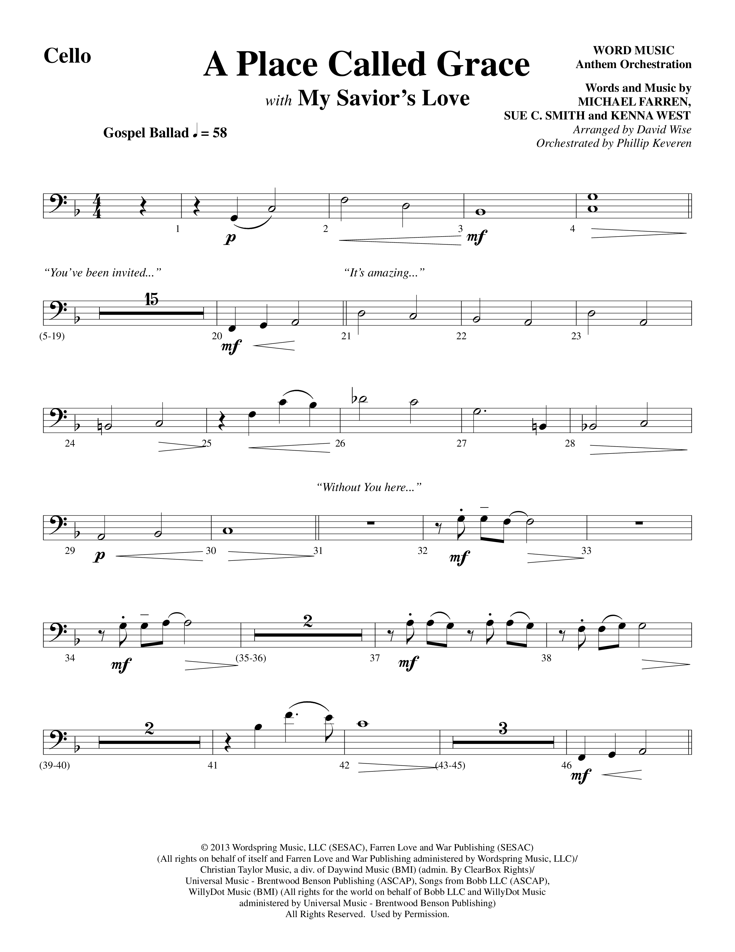 A Place Called Grace (with My Savior's Love) (Choral Anthem SATB) Cello (Arr. David Wise / Orch. Phillip Keveren)
