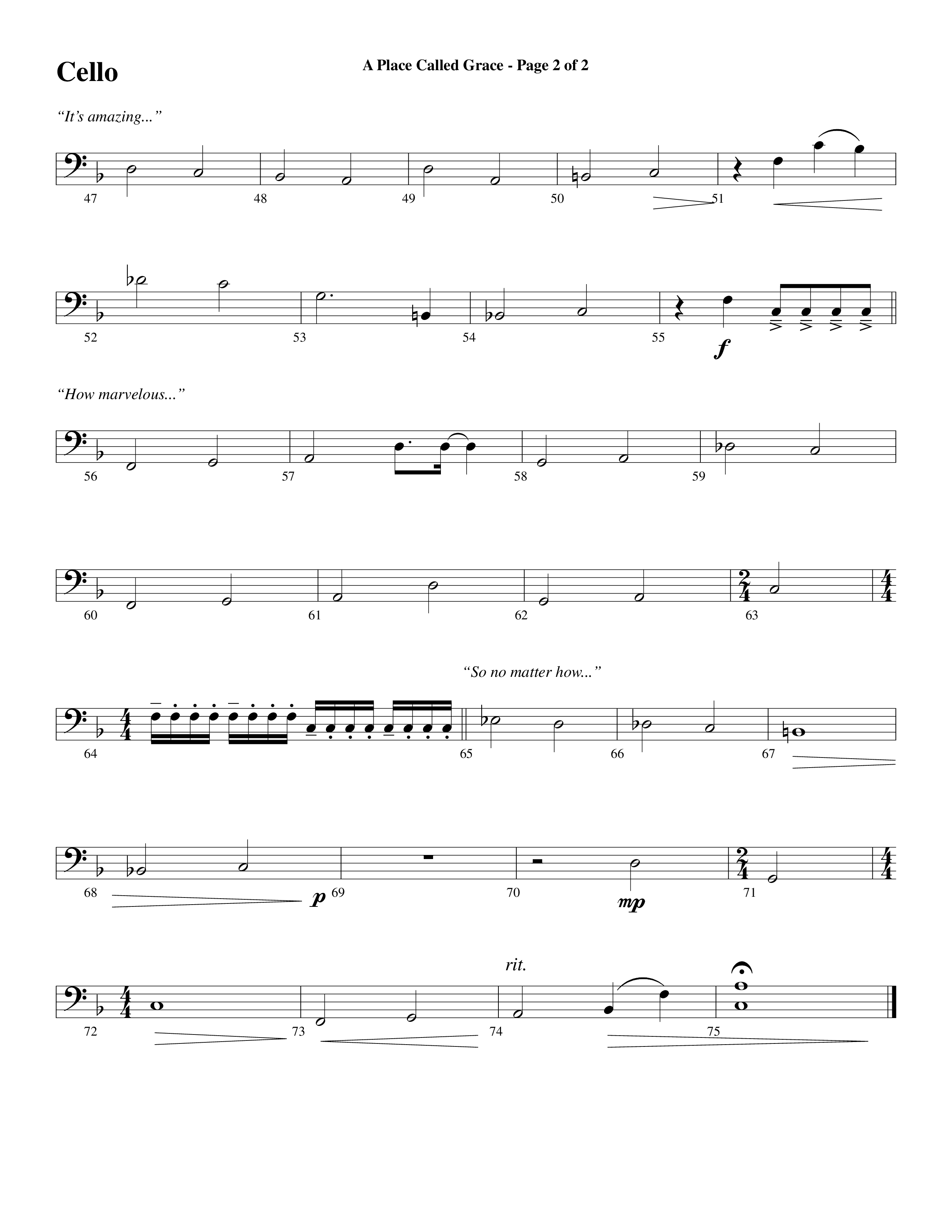 A Place Called Grace (with My Savior's Love) (Choral Anthem SATB) Cello (Arr. David Wise / Orch. Phillip Keveren)