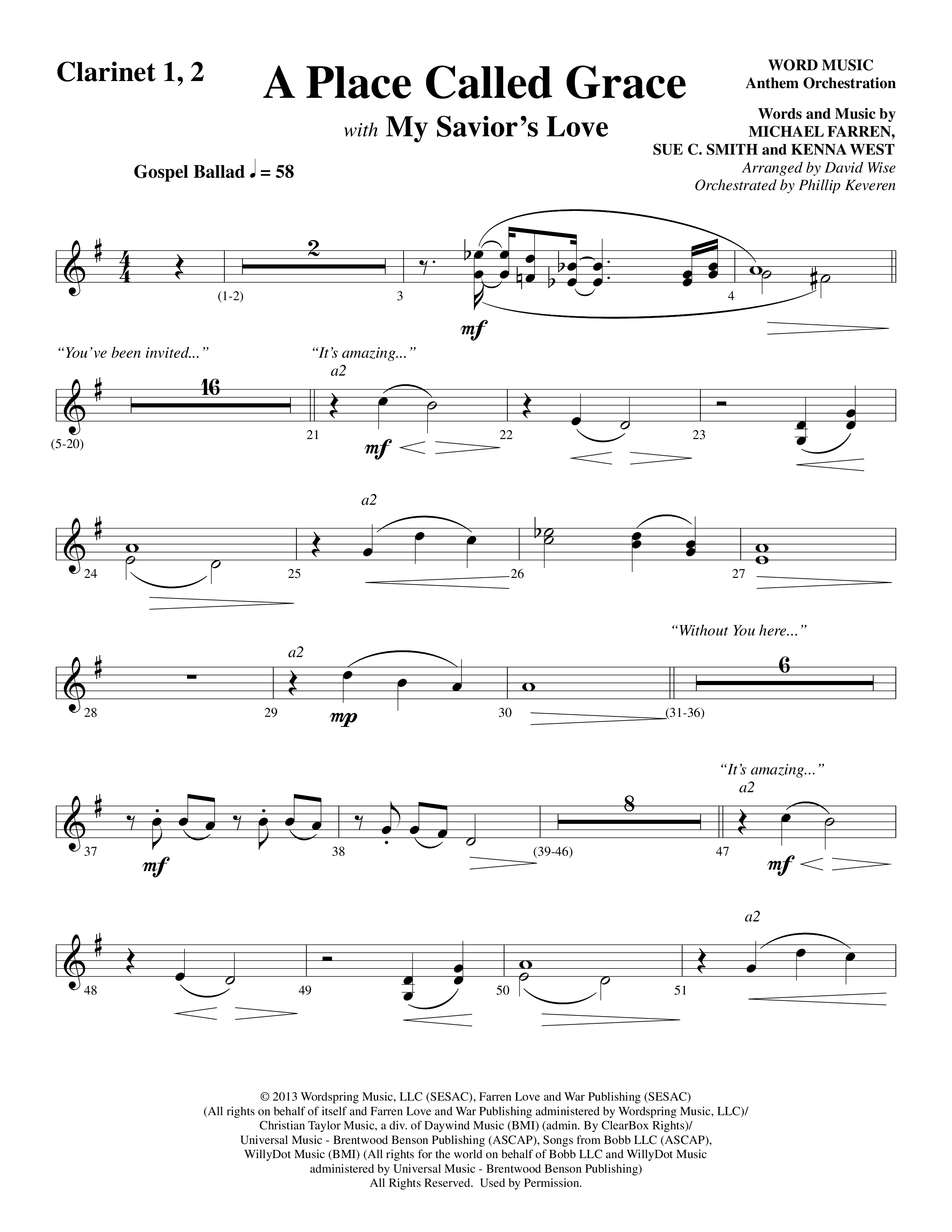 A Place Called Grace (with My Savior's Love) (Choral Anthem SATB) Clarinet 1/2 (Arr. David Wise / Orch. Phillip Keveren)