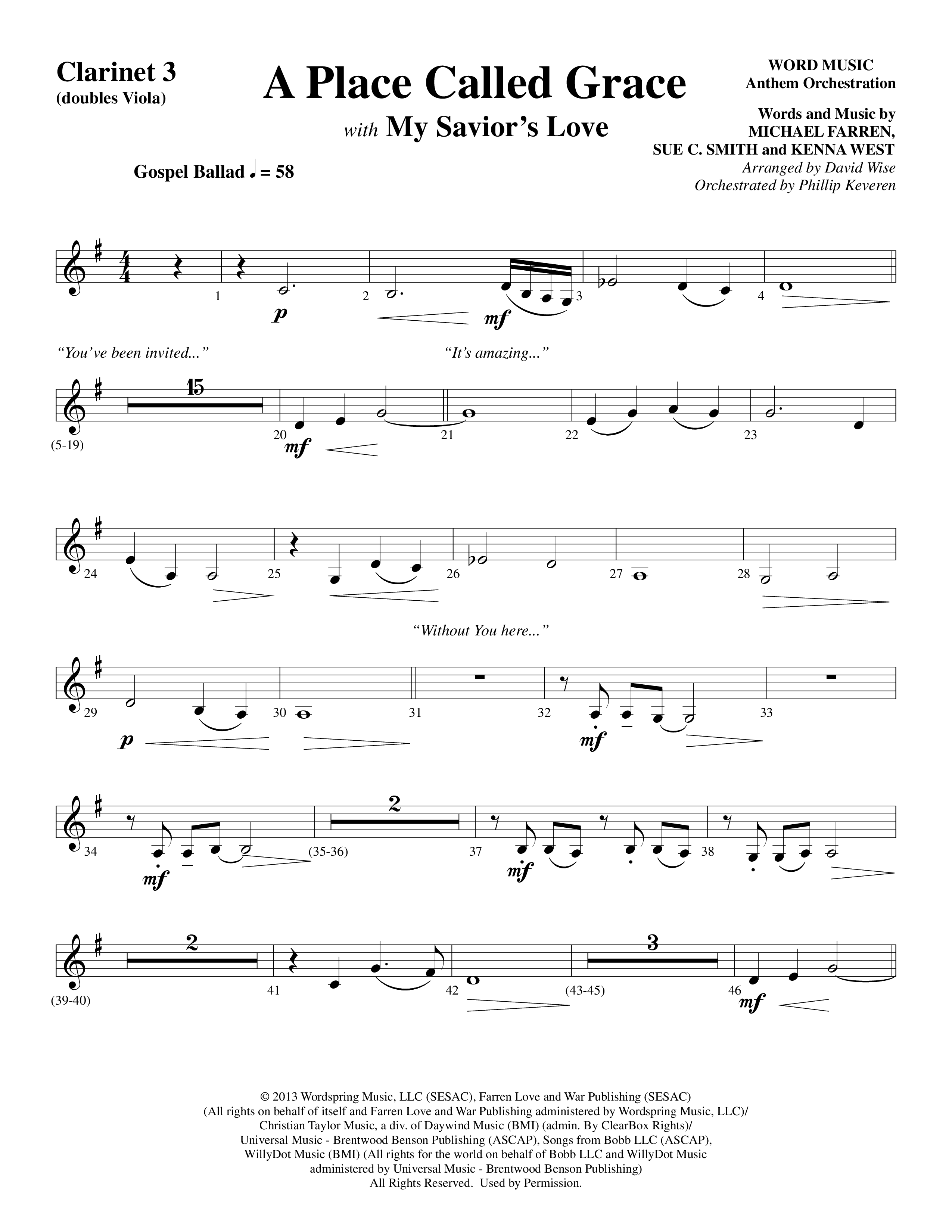 A Place Called Grace (with My Savior's Love) (Choral Anthem SATB) Clarinet 3 (Arr. David Wise / Orch. Phillip Keveren)