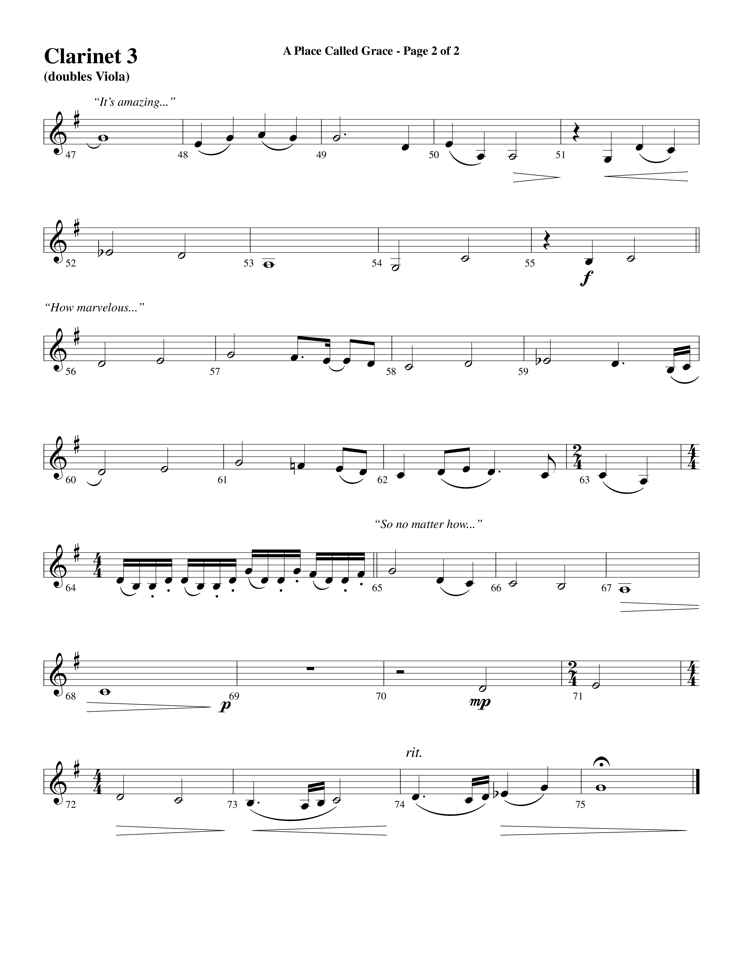 A Place Called Grace (with My Savior's Love) (Choral Anthem SATB) Clarinet 3 (Arr. David Wise / Orch. Phillip Keveren)