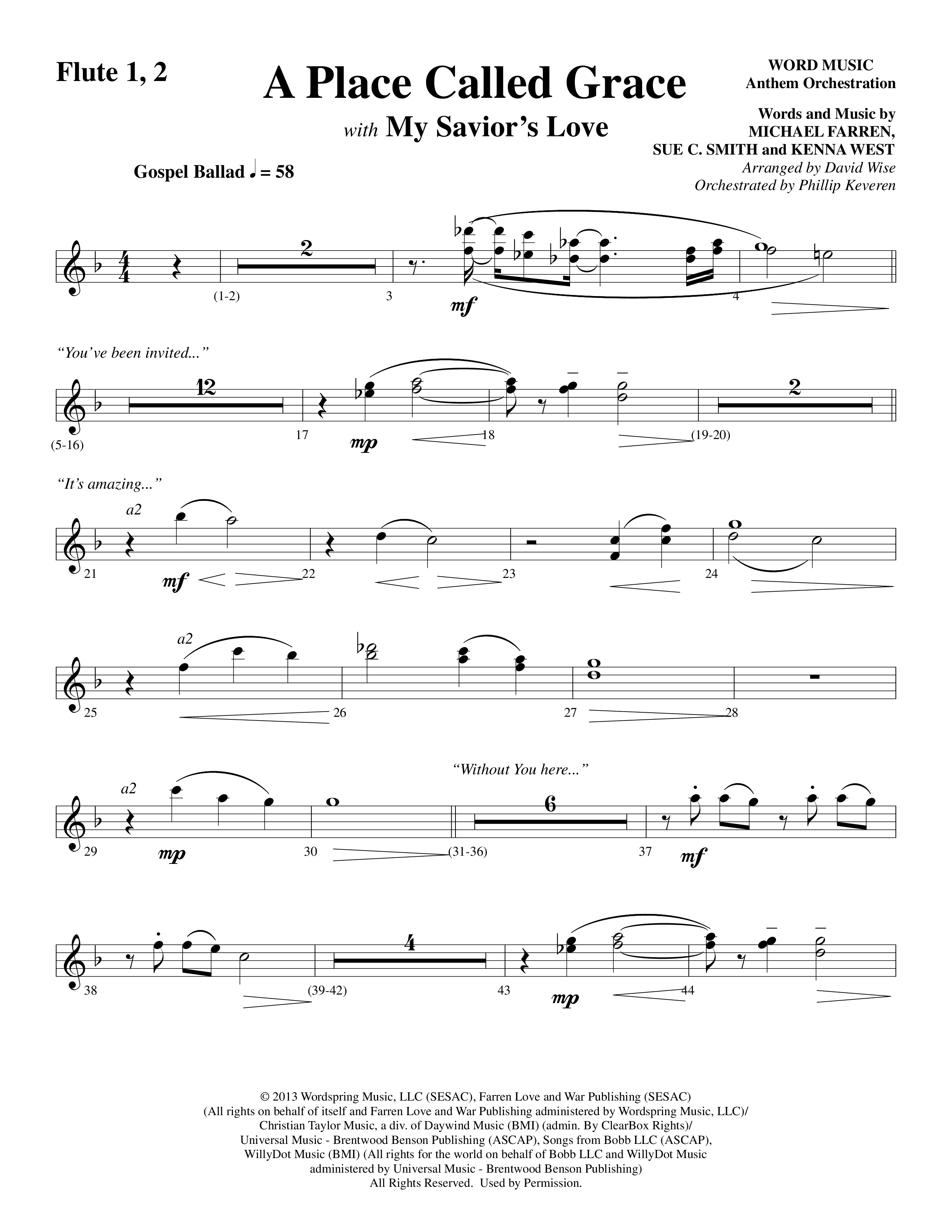 A Place Called Grace (with My Savior's Love) (Choral Anthem SATB) Flute 1/2 (Arr. David Wise / Orch. Phillip Keveren)