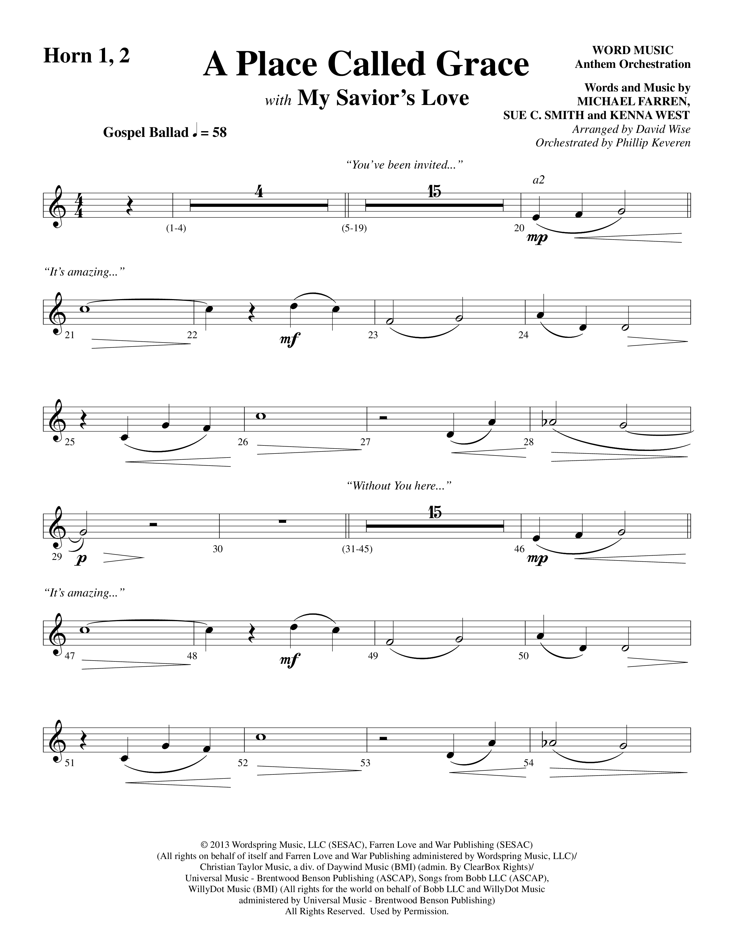 A Place Called Grace (with My Savior's Love) (Choral Anthem SATB) French Horn 1/2 (Arr. David Wise / Orch. Phillip Keveren)