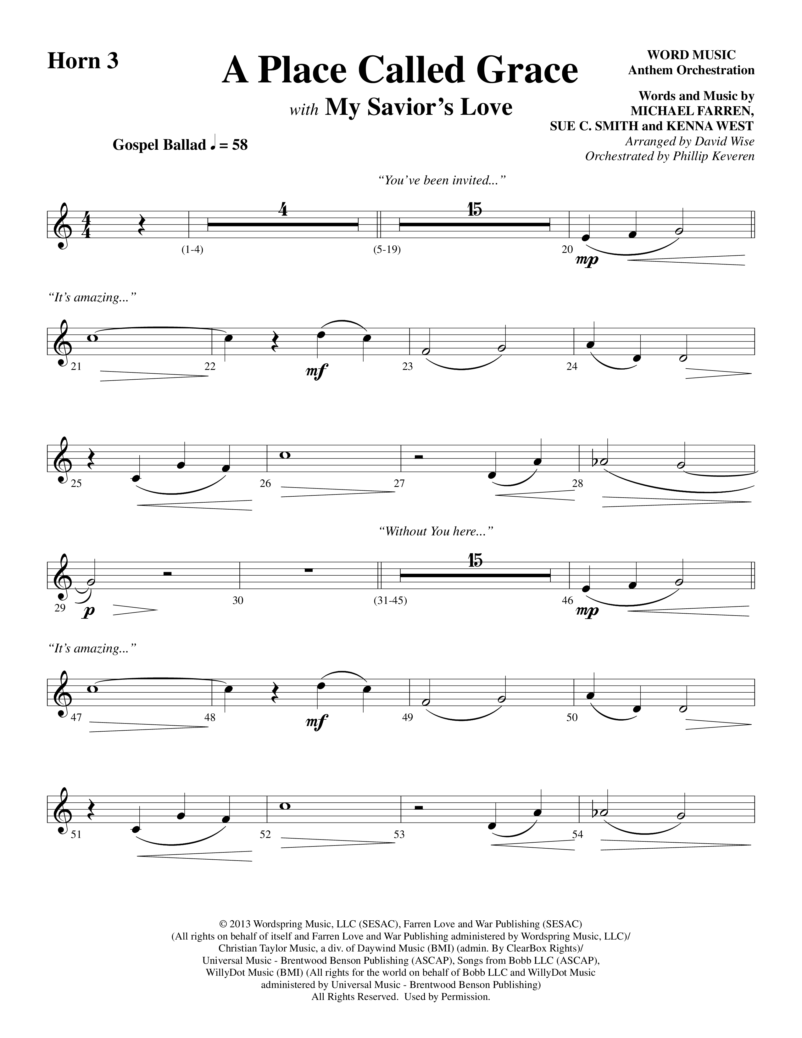 A Place Called Grace (with My Savior's Love) (Choral Anthem SATB) French Horn 3 (Arr. David Wise / Orch. Phillip Keveren)