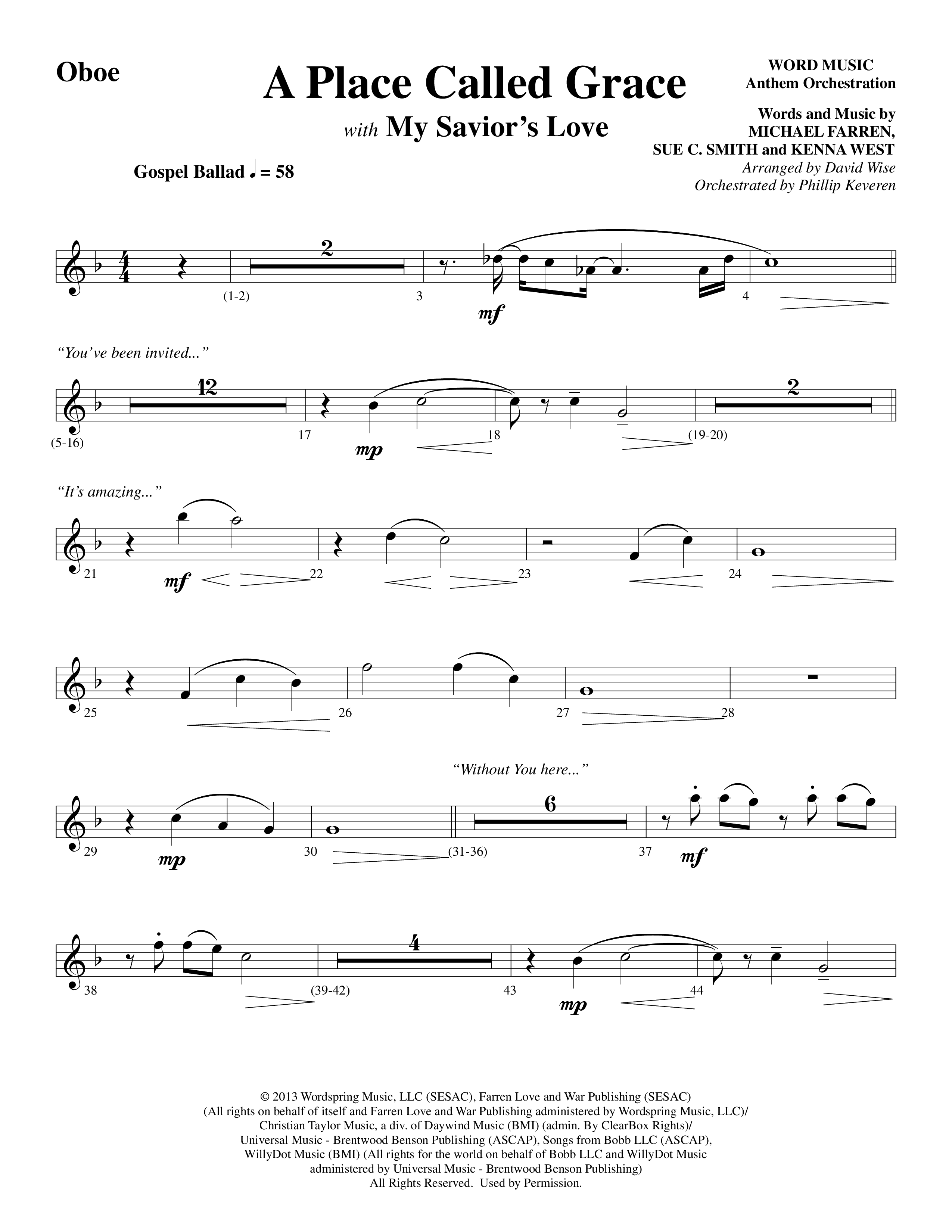 A Place Called Grace (with My Savior's Love) (Choral Anthem SATB) Oboe (Arr. David Wise / Orch. Phillip Keveren)