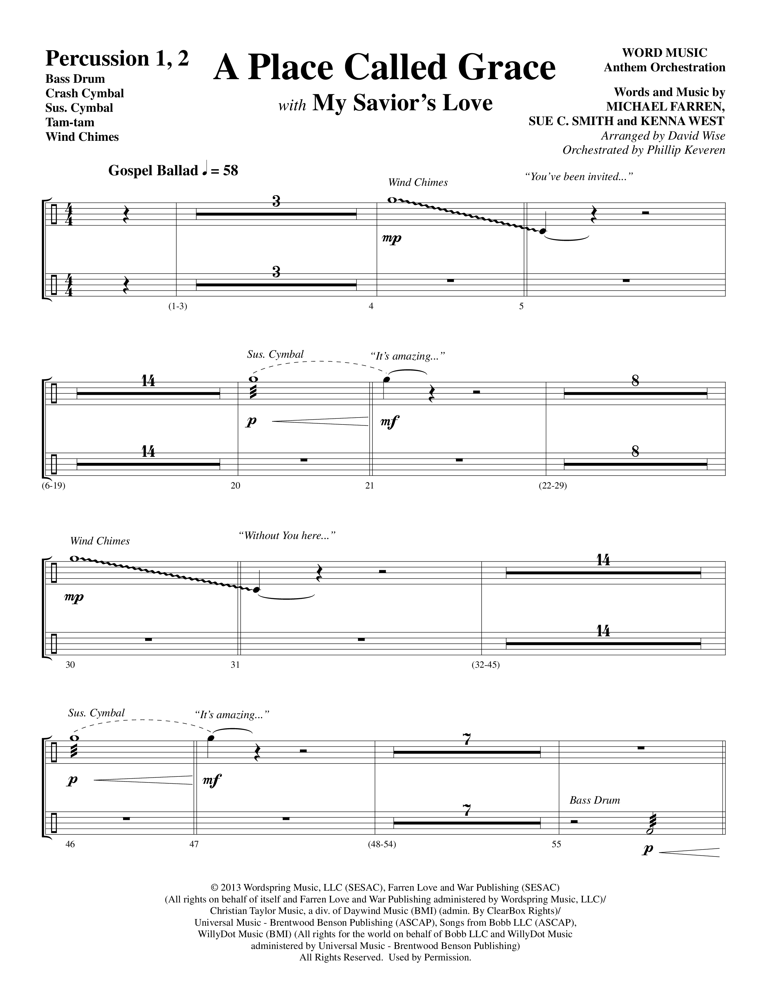 A Place Called Grace (with My Savior's Love) (Choral Anthem SATB) Percussion 1/2 (Arr. David Wise / Orch. Phillip Keveren)