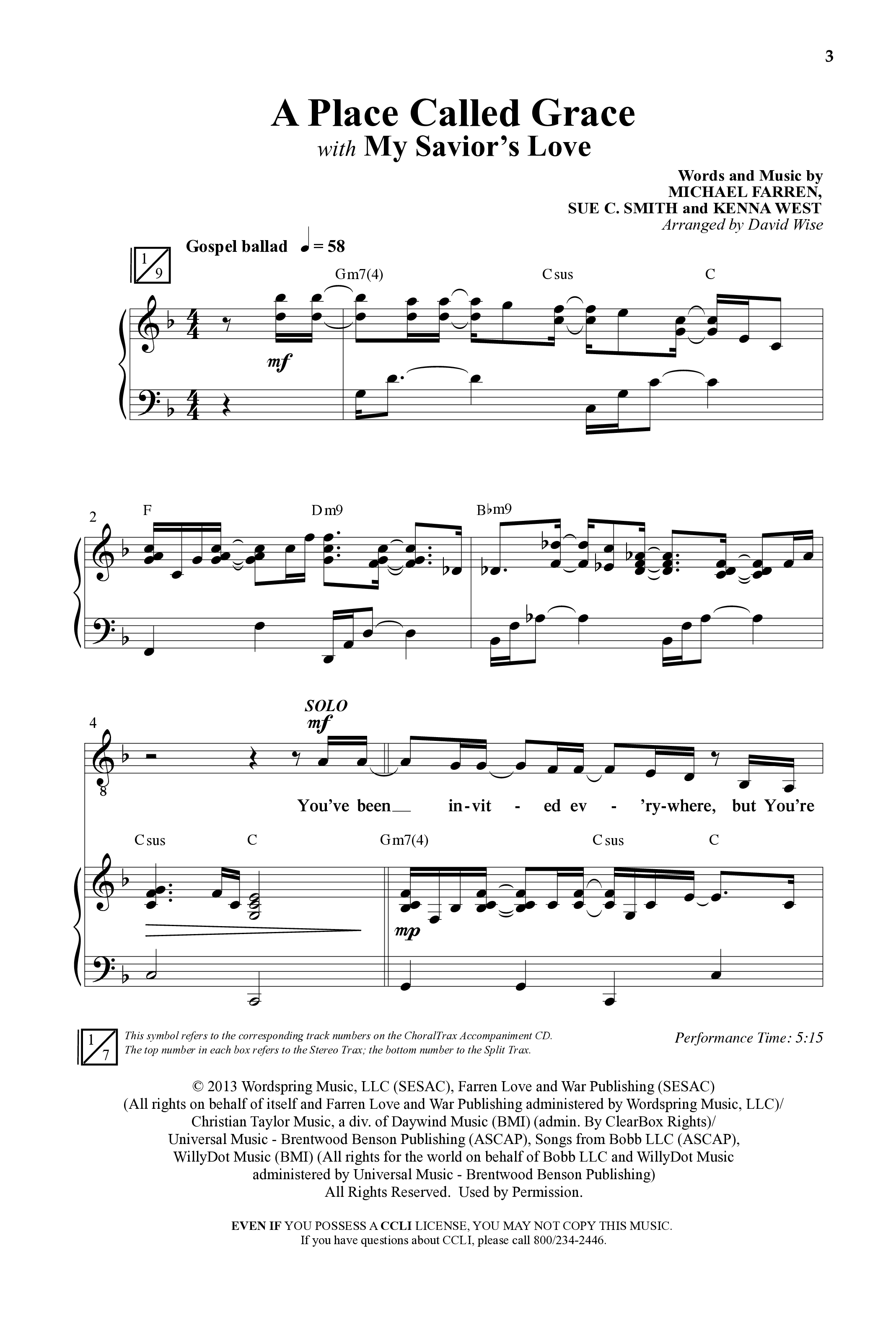 A Place Called Grace (with My Savior's Love) (Choral Anthem SATB) Anthem (SATB/Piano) (Arr. David Wise / Orch. Phillip Keveren)