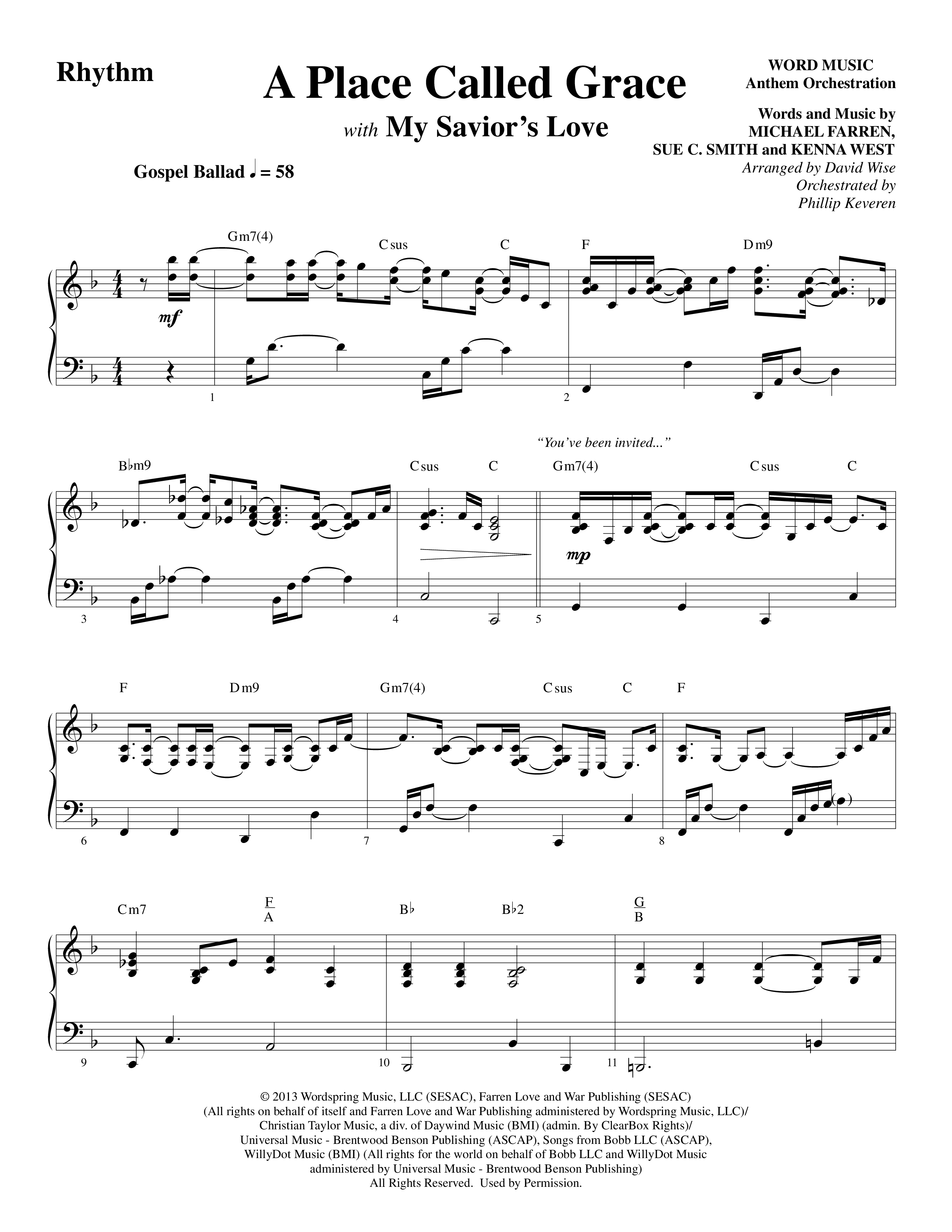 A Place Called Grace (with My Savior's Love) (Choral Anthem SATB) Rhythm Chart (Arr. David Wise / Orch. Phillip Keveren)