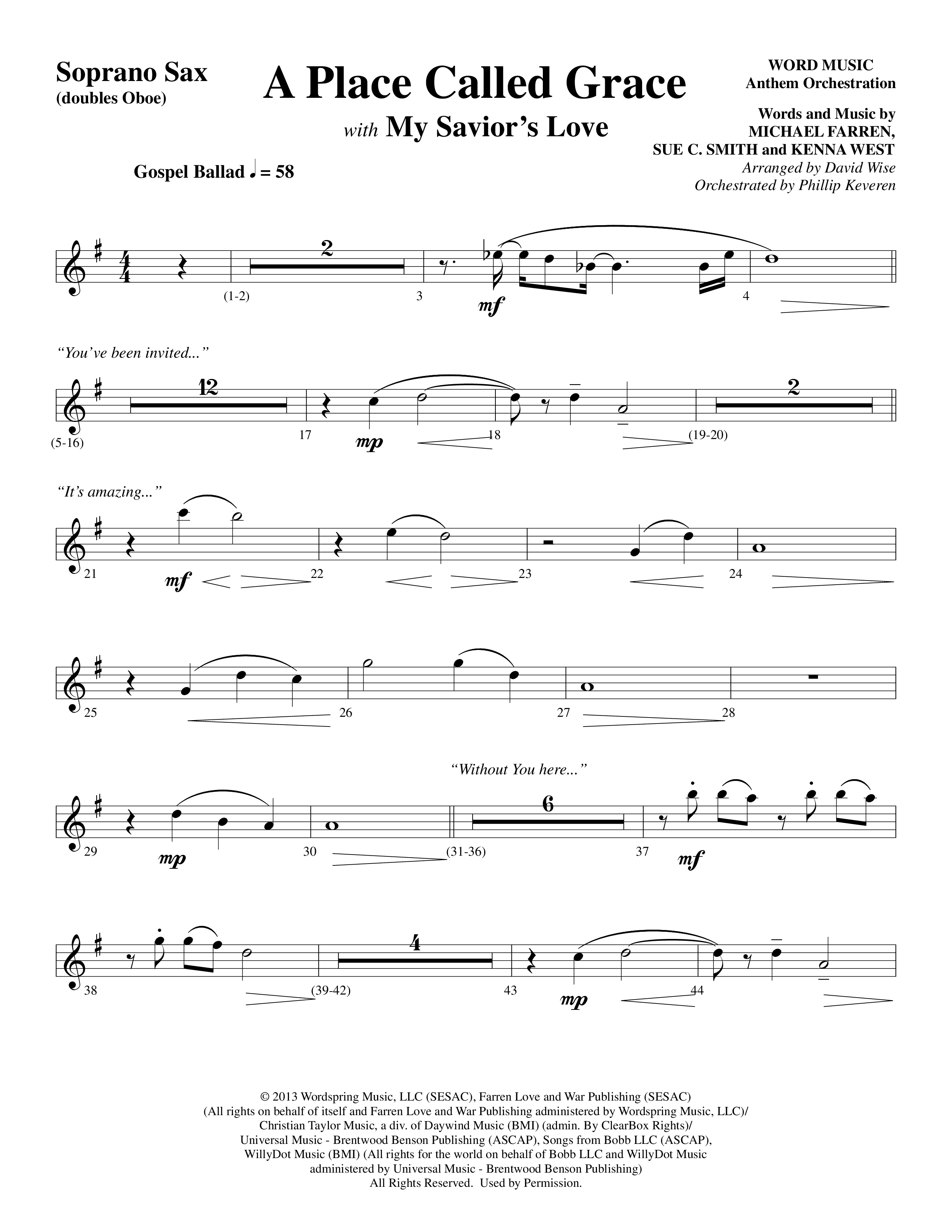 A Place Called Grace (with My Savior's Love) (Choral Anthem SATB) Soprano Sax (Arr. David Wise / Orch. Phillip Keveren)