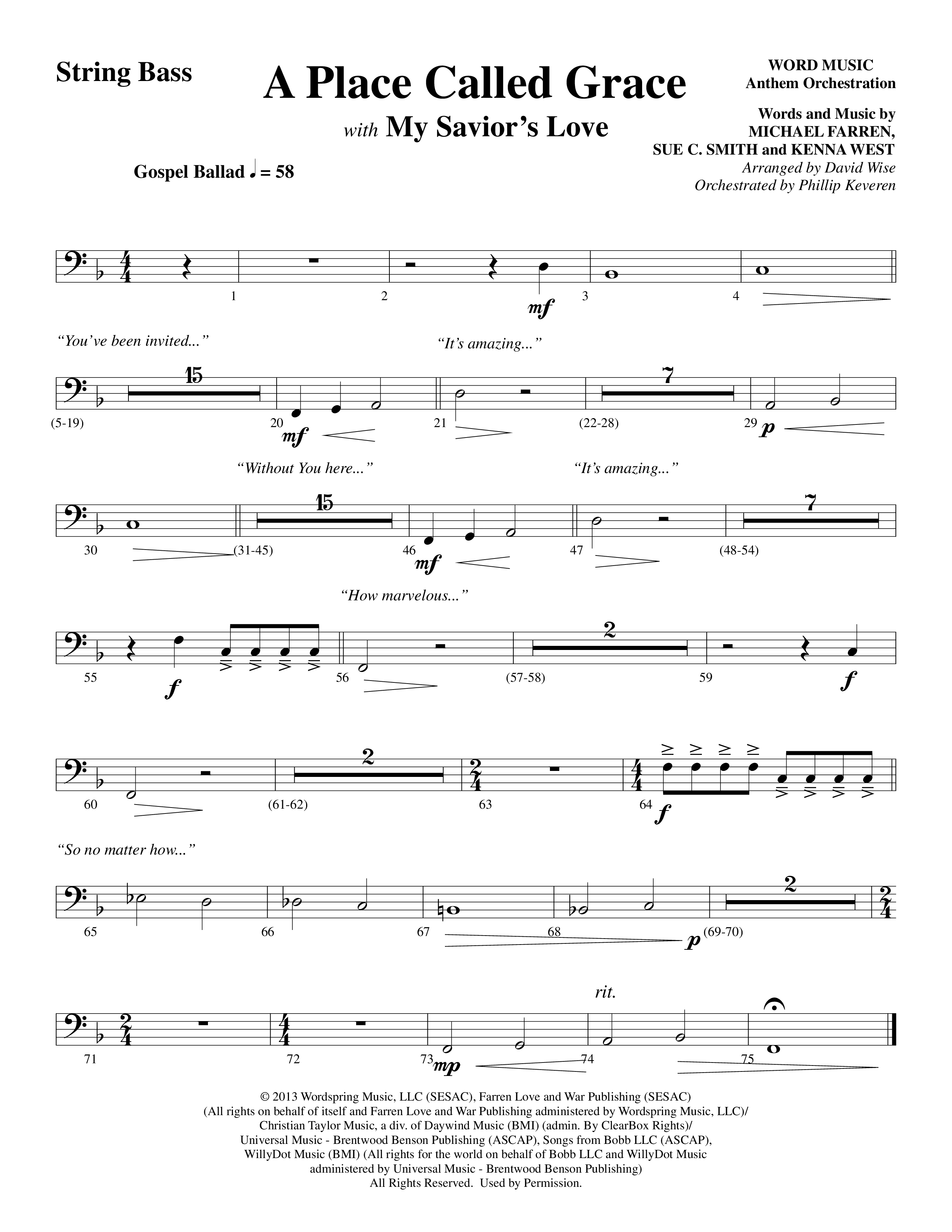 A Place Called Grace (with My Savior's Love) (Choral Anthem SATB) String Bass (Arr. David Wise / Orch. Phillip Keveren)