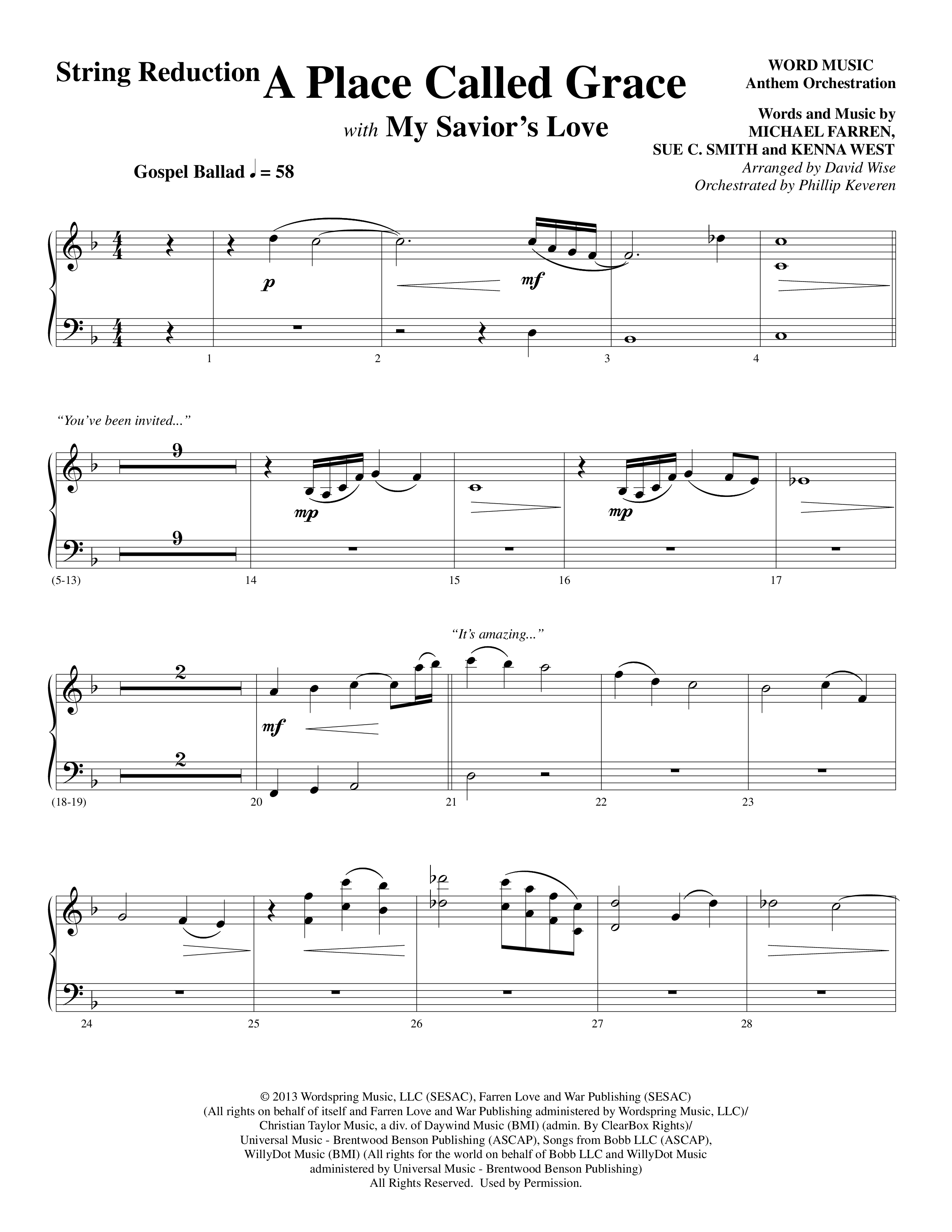 A Place Called Grace (with My Savior's Love) (Choral Anthem SATB) String Reduction (Arr. David Wise / Orch. Phillip Keveren)