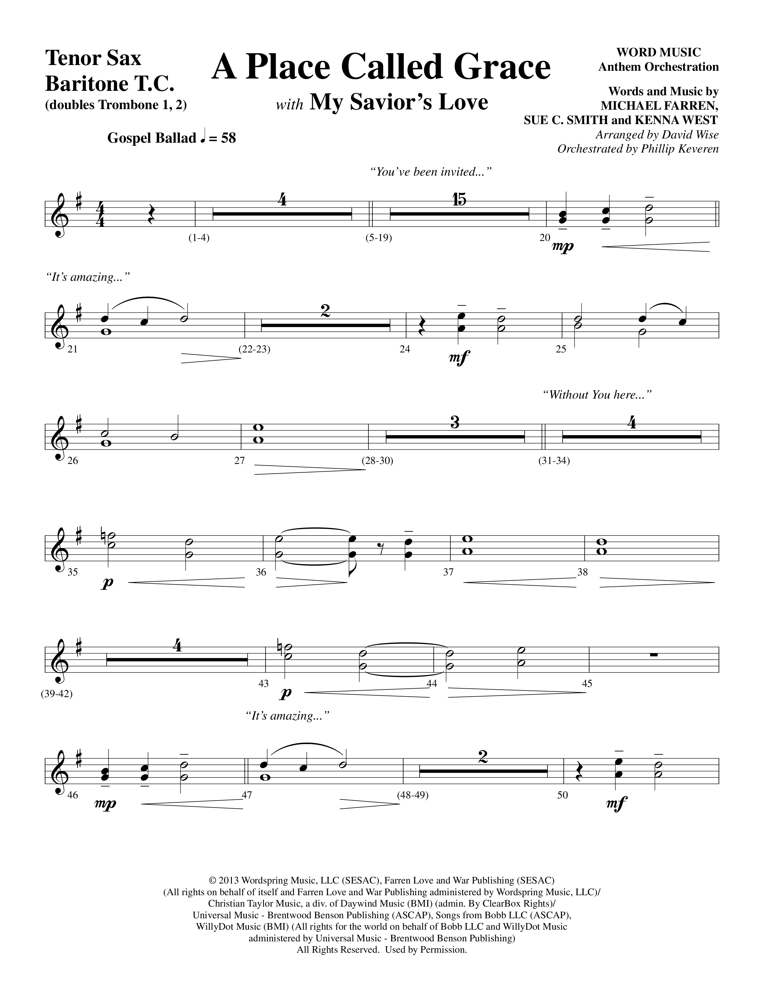 A Place Called Grace (with My Savior's Love) (Choral Anthem SATB) Tenor Sax/Baritone T.C. (Arr. David Wise / Orch. Phillip Keveren)