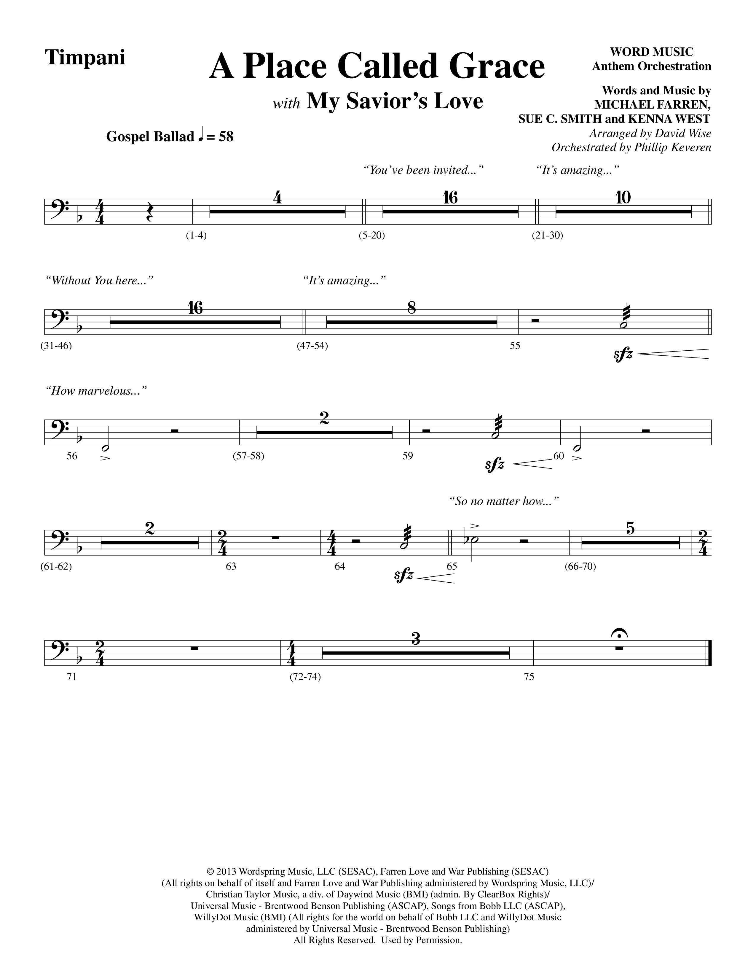 A Place Called Grace (with My Savior's Love) (Choral Anthem SATB) Timpani (Arr. David Wise / Orch. Phillip Keveren)