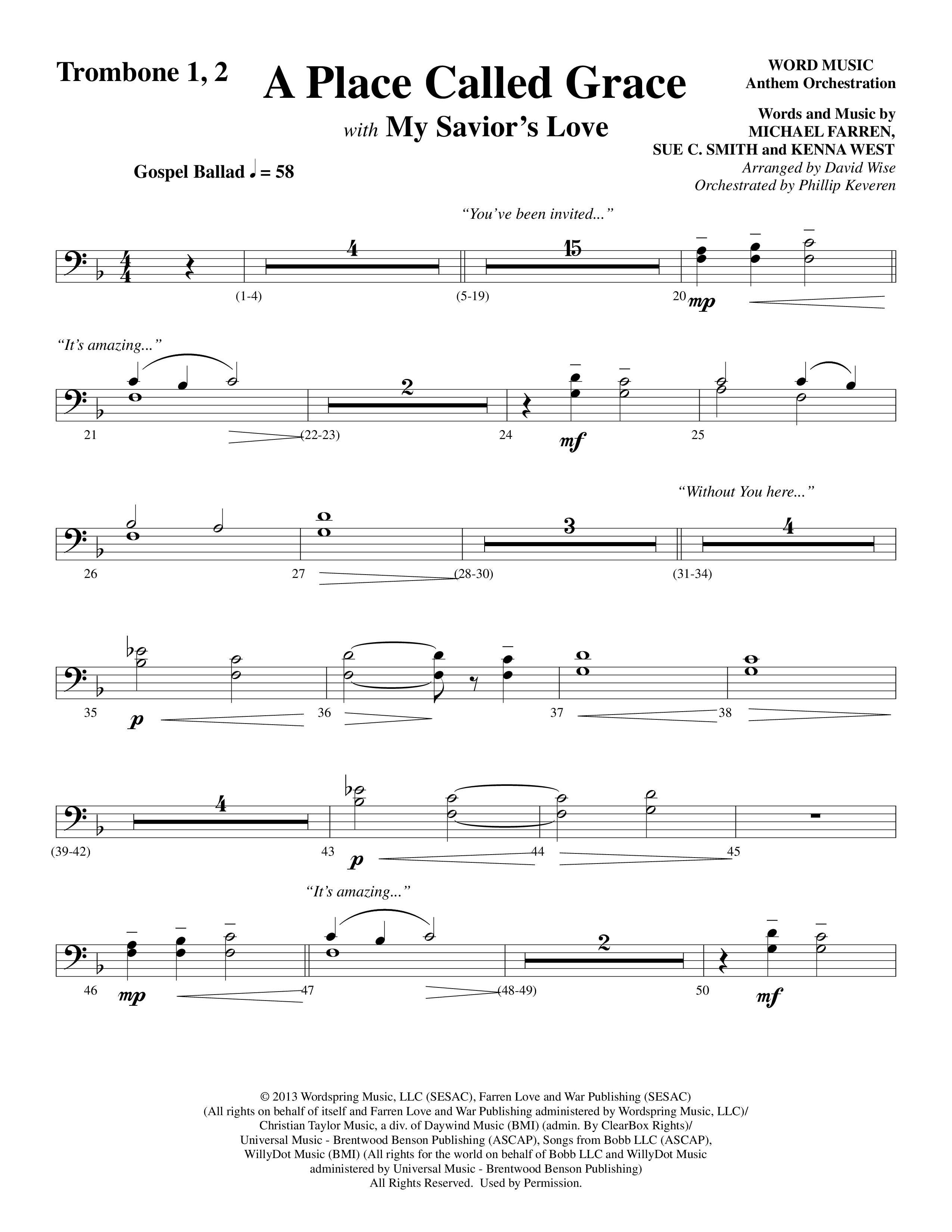 A Place Called Grace (with My Savior's Love) (Choral Anthem SATB) Trombone 1/2 (Arr. David Wise / Orch. Phillip Keveren)