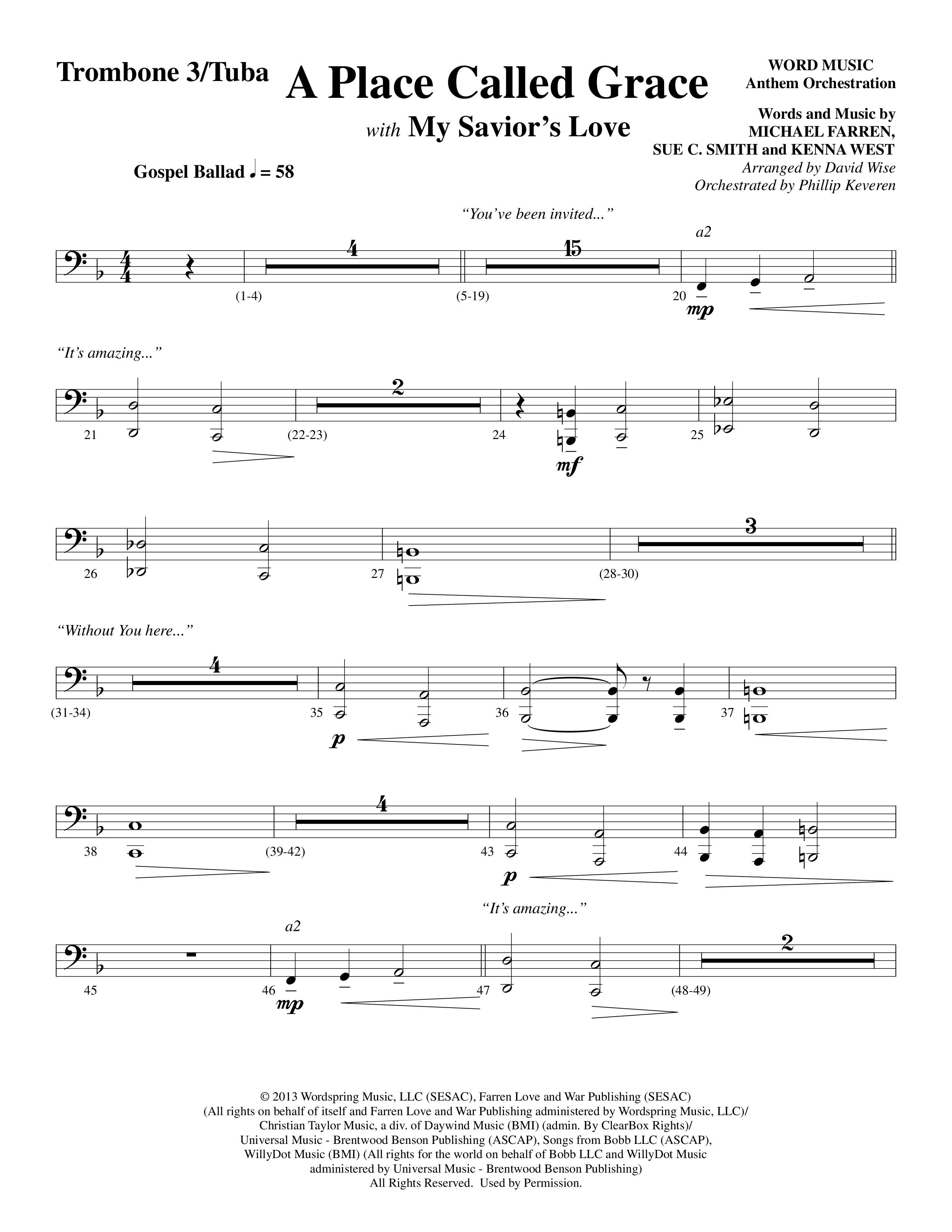 A Place Called Grace (with My Savior's Love) (Choral Anthem SATB) Trombone 3/Tuba (Arr. David Wise / Orch. Phillip Keveren)