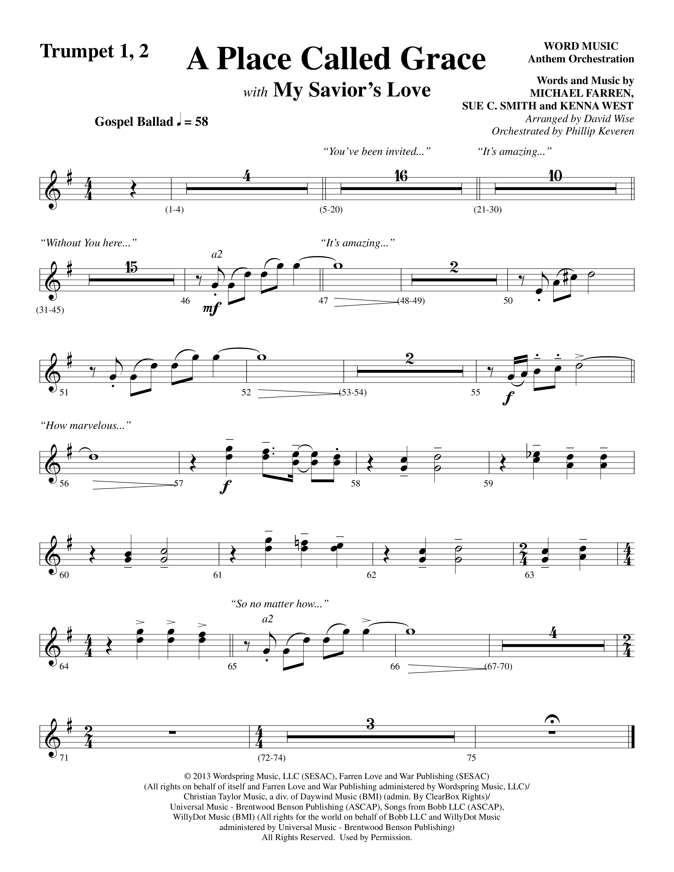 A Place Called Grace (with My Savior's Love) (Choral Anthem SATB) Trumpet 1,2 (Arr. David Wise / Orch. Phillip Keveren)