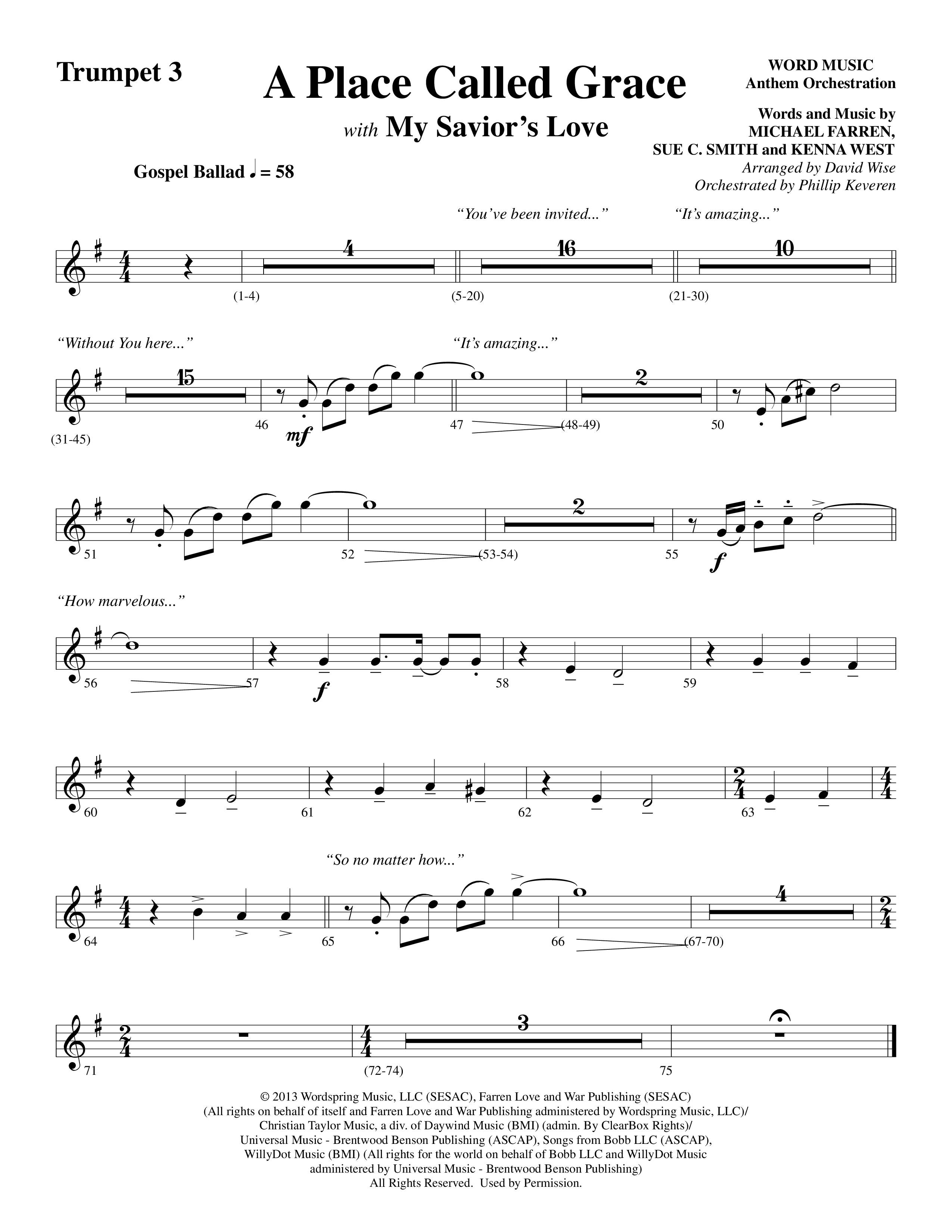 A Place Called Grace (with My Savior's Love) (Choral Anthem SATB) Trumpet 3 (Arr. David Wise / Orch. Phillip Keveren)