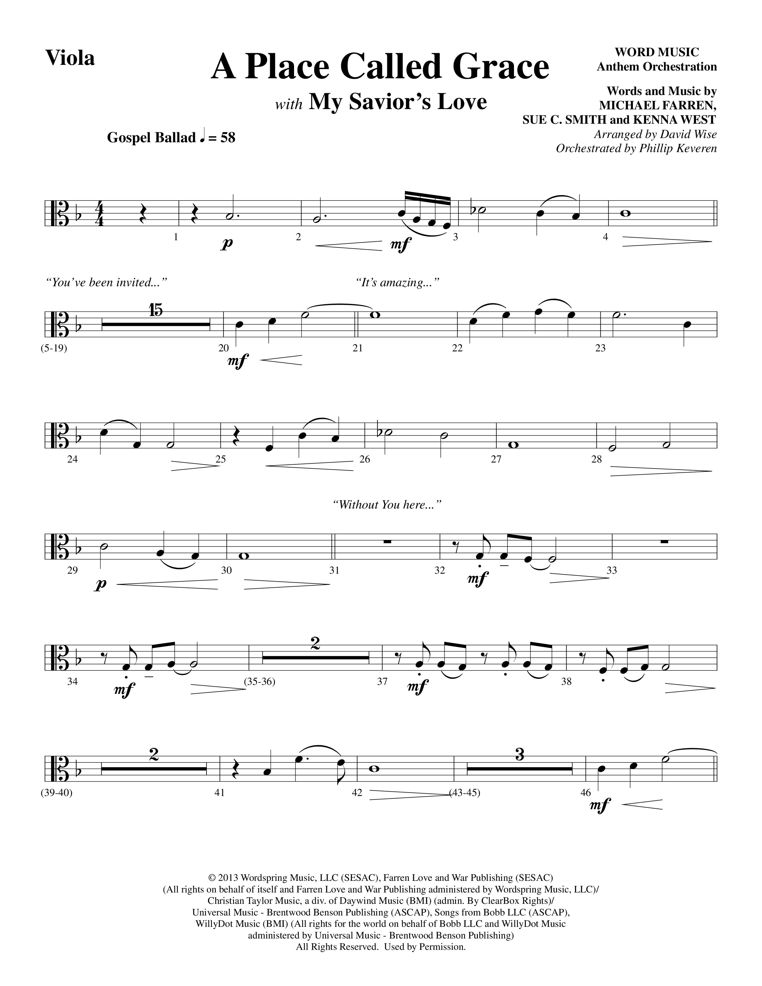 A Place Called Grace (with My Savior's Love) (Choral Anthem SATB) Viola (Arr. David Wise / Orch. Phillip Keveren)