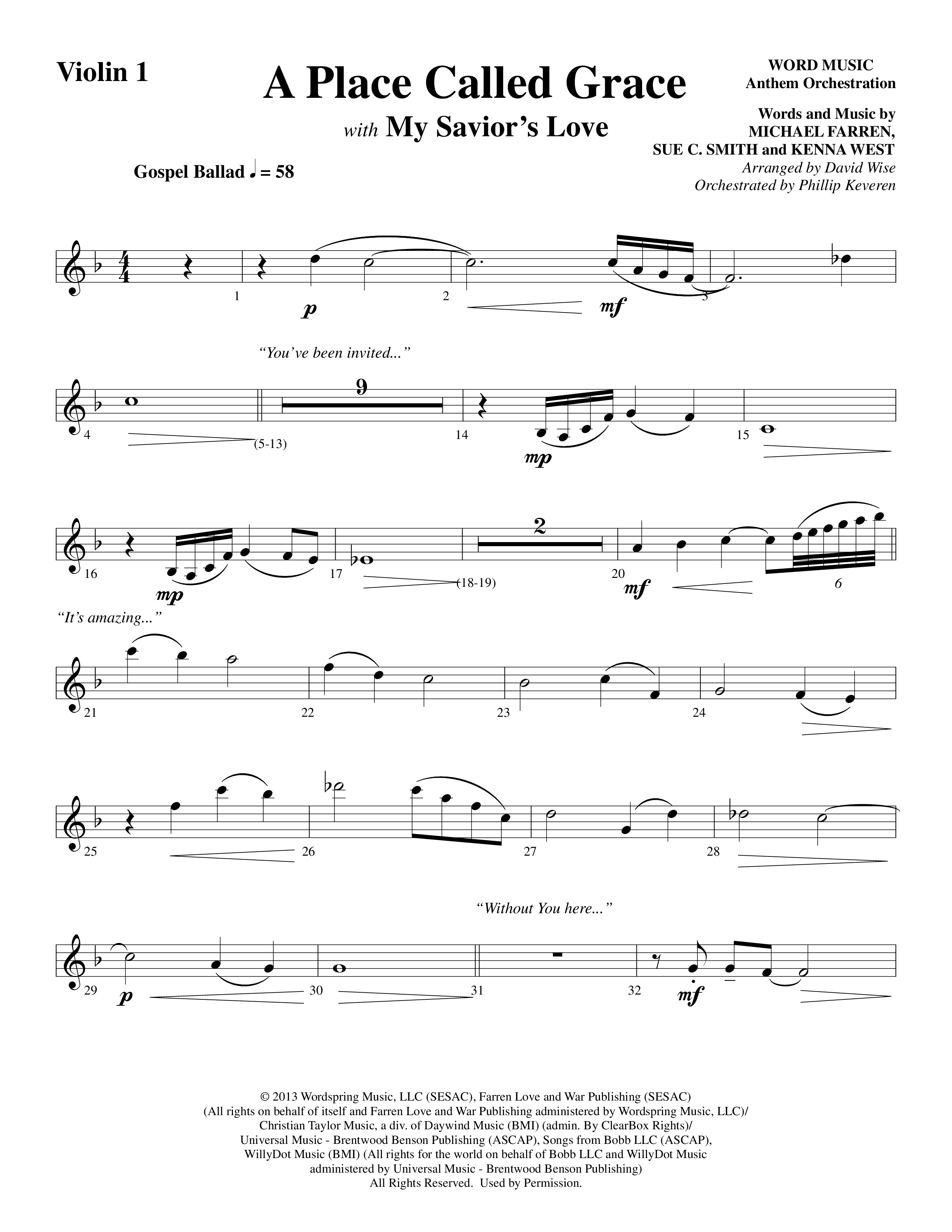 A Place Called Grace (with My Savior's Love) (Choral Anthem SATB) Violin 1 (Arr. David Wise / Orch. Phillip Keveren)