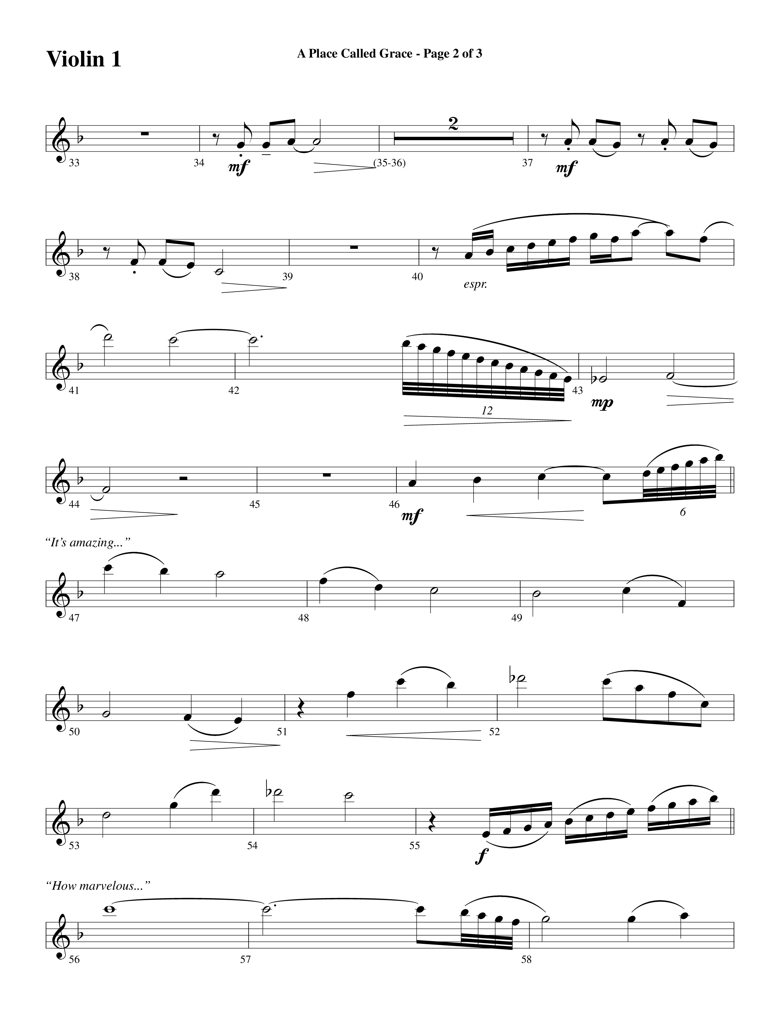 A Place Called Grace (with My Savior's Love) (Choral Anthem SATB) Violin 1 (Arr. David Wise / Orch. Phillip Keveren)