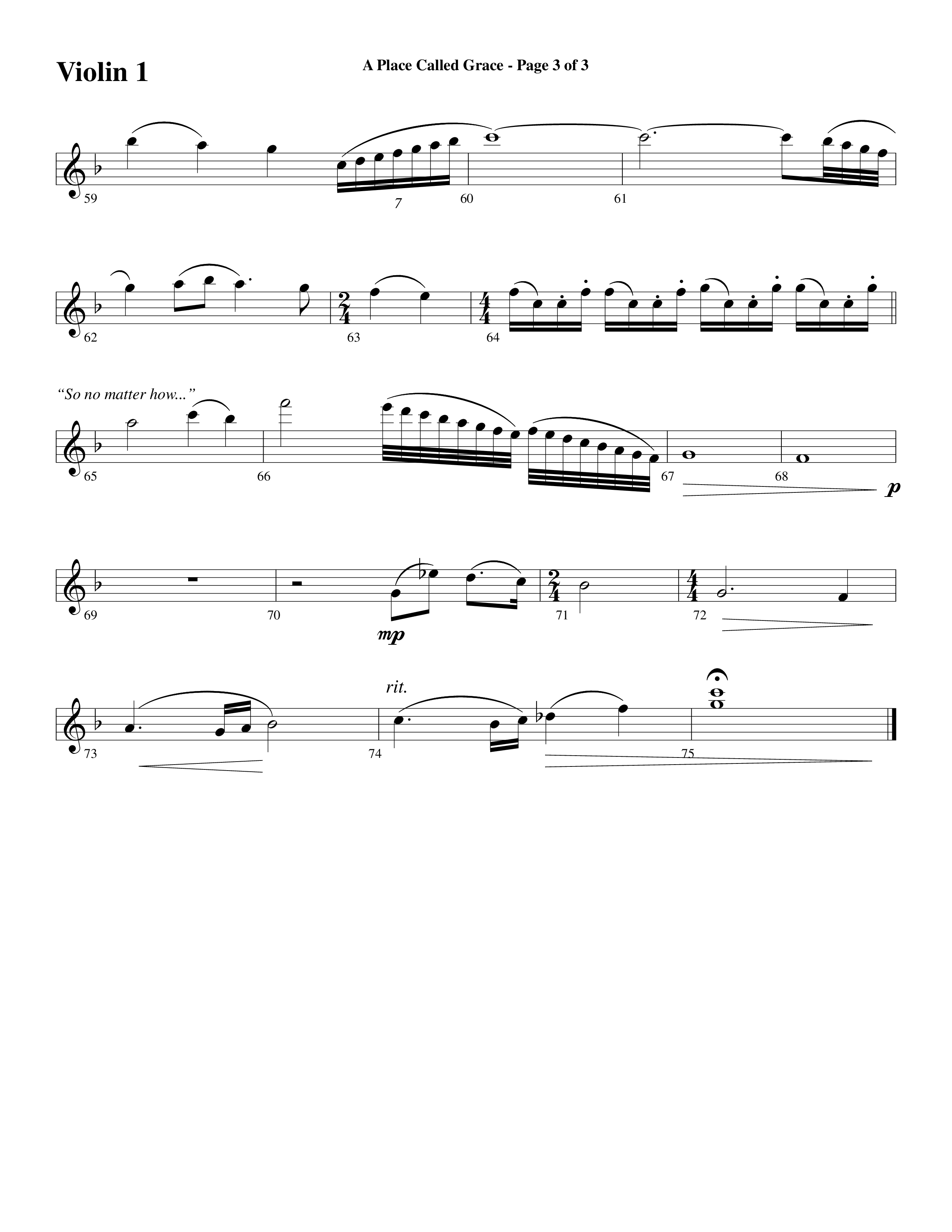 A Place Called Grace (with My Savior's Love) (Choral Anthem SATB) Violin 1 (Arr. David Wise / Orch. Phillip Keveren)