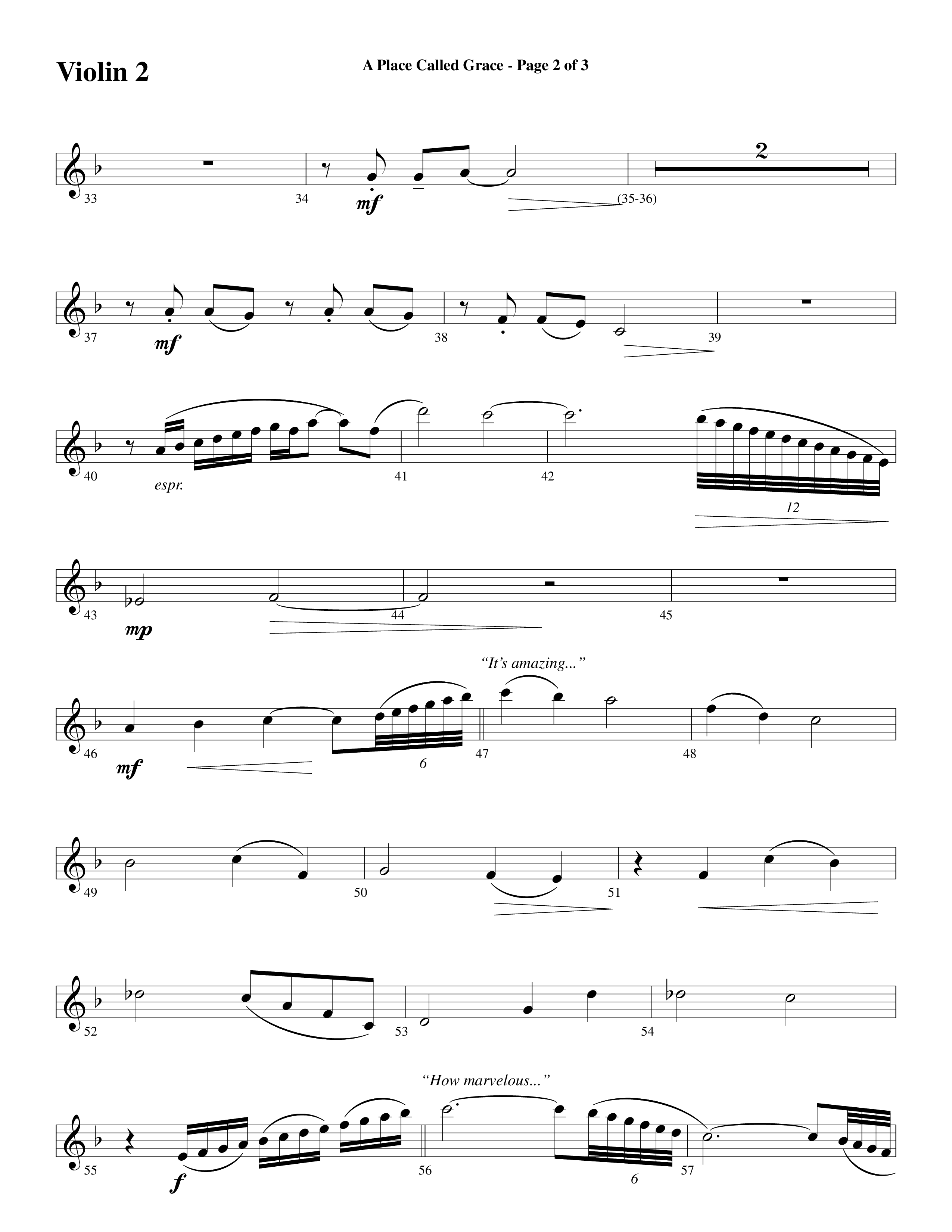 A Place Called Grace (with My Savior's Love) (Choral Anthem SATB) Violin 2 (Arr. David Wise / Orch. Phillip Keveren)