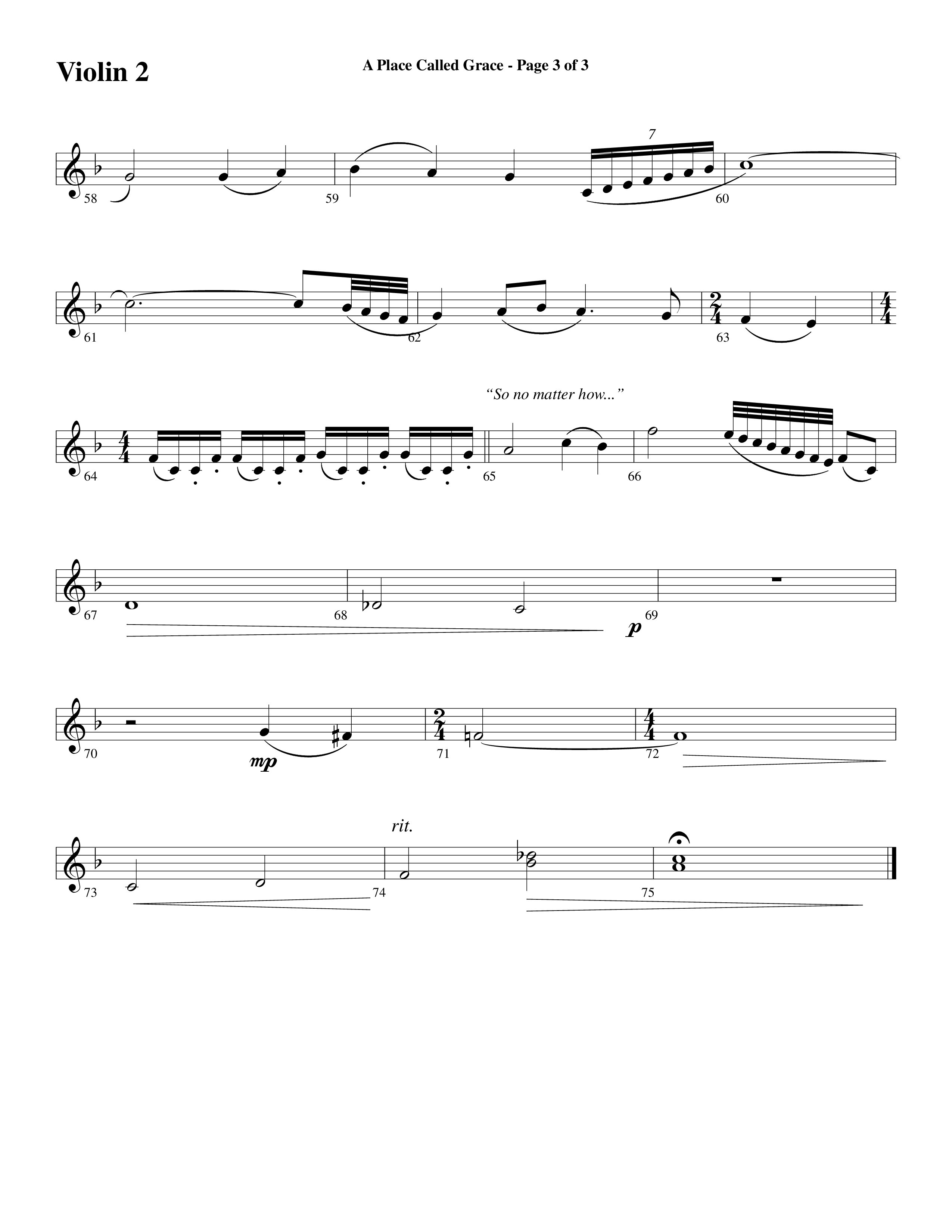 A Place Called Grace (with My Savior's Love) (Choral Anthem SATB) Violin 2 (Arr. David Wise / Orch. Phillip Keveren)