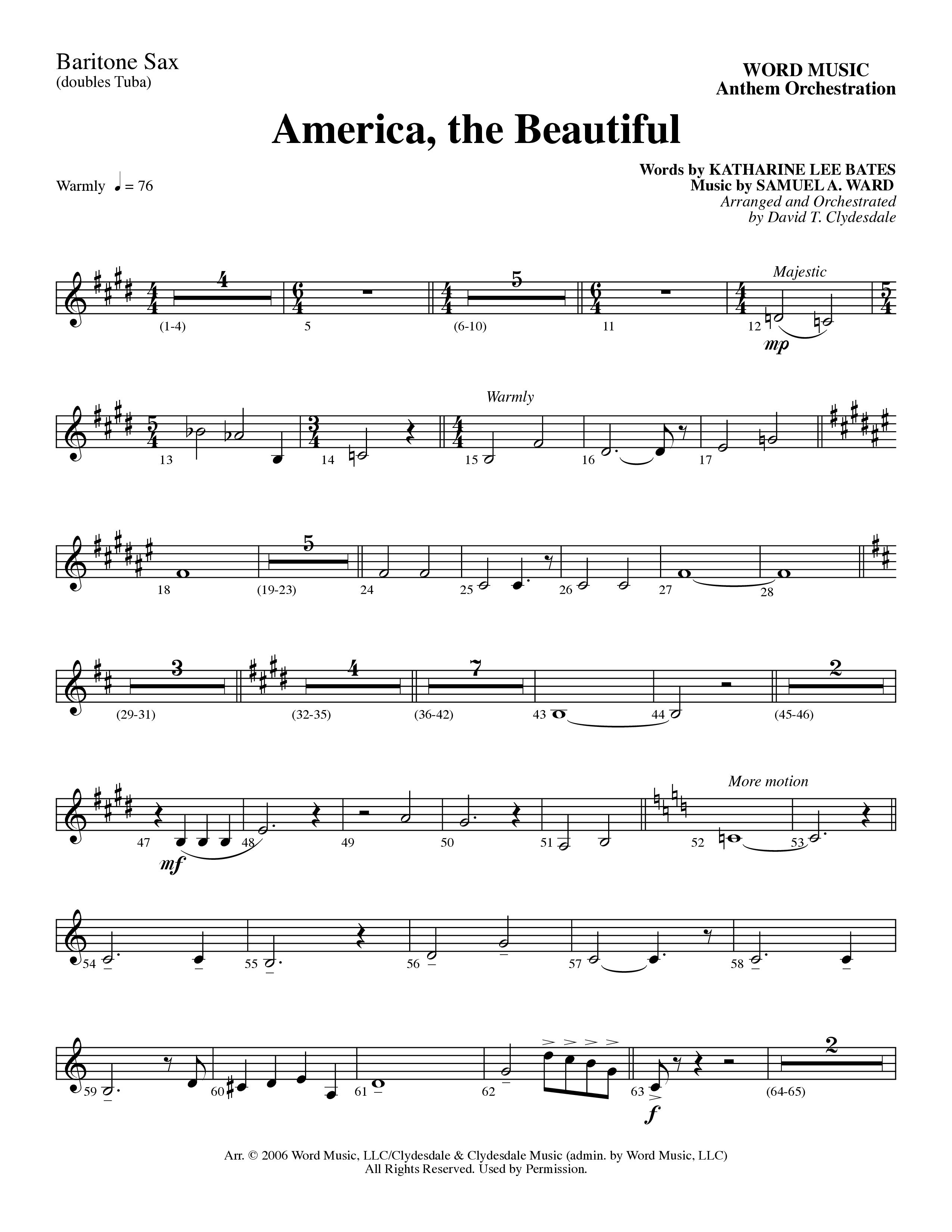 America, the Beautiful (Choral Anthem SATB) Bari Sax (Word Music Choral / Arr. David T. Clydesdale)