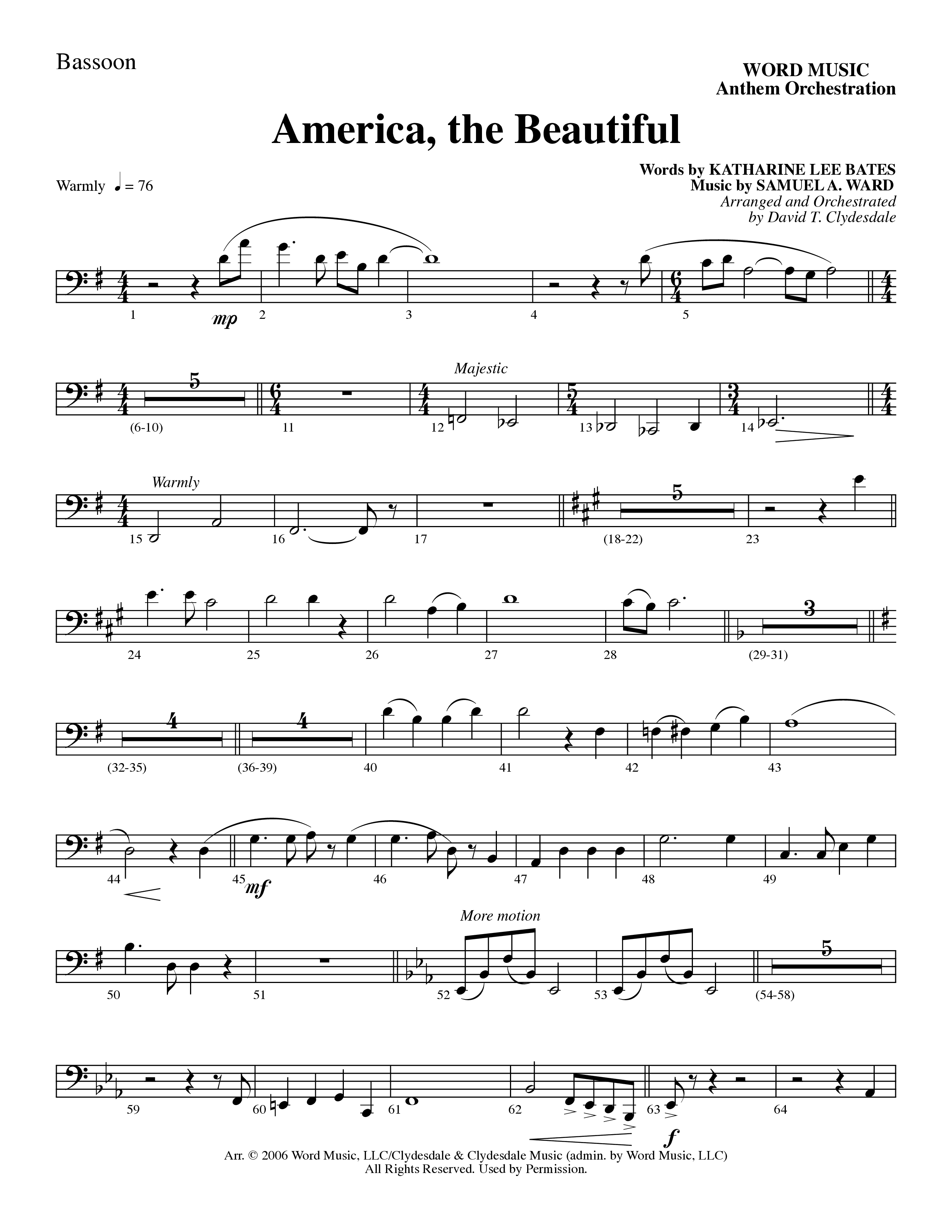 America, the Beautiful (Choral Anthem SATB) Bassoon (Word Music Choral / Arr. David T. Clydesdale)