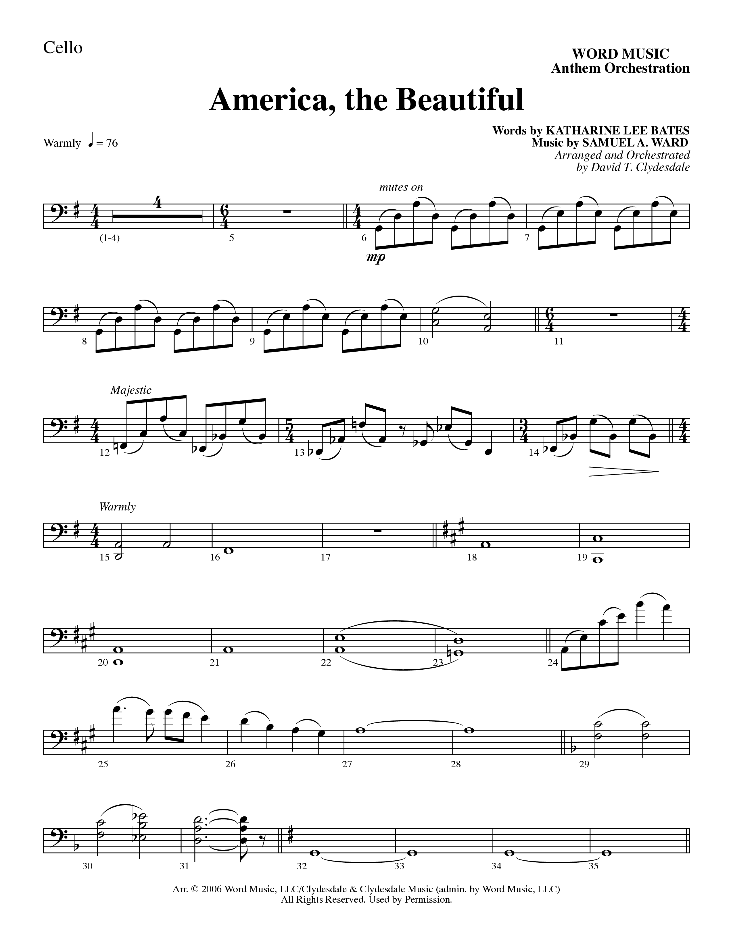 America, the Beautiful (Choral Anthem SATB) Cello (Word Music Choral / Arr. David T. Clydesdale)