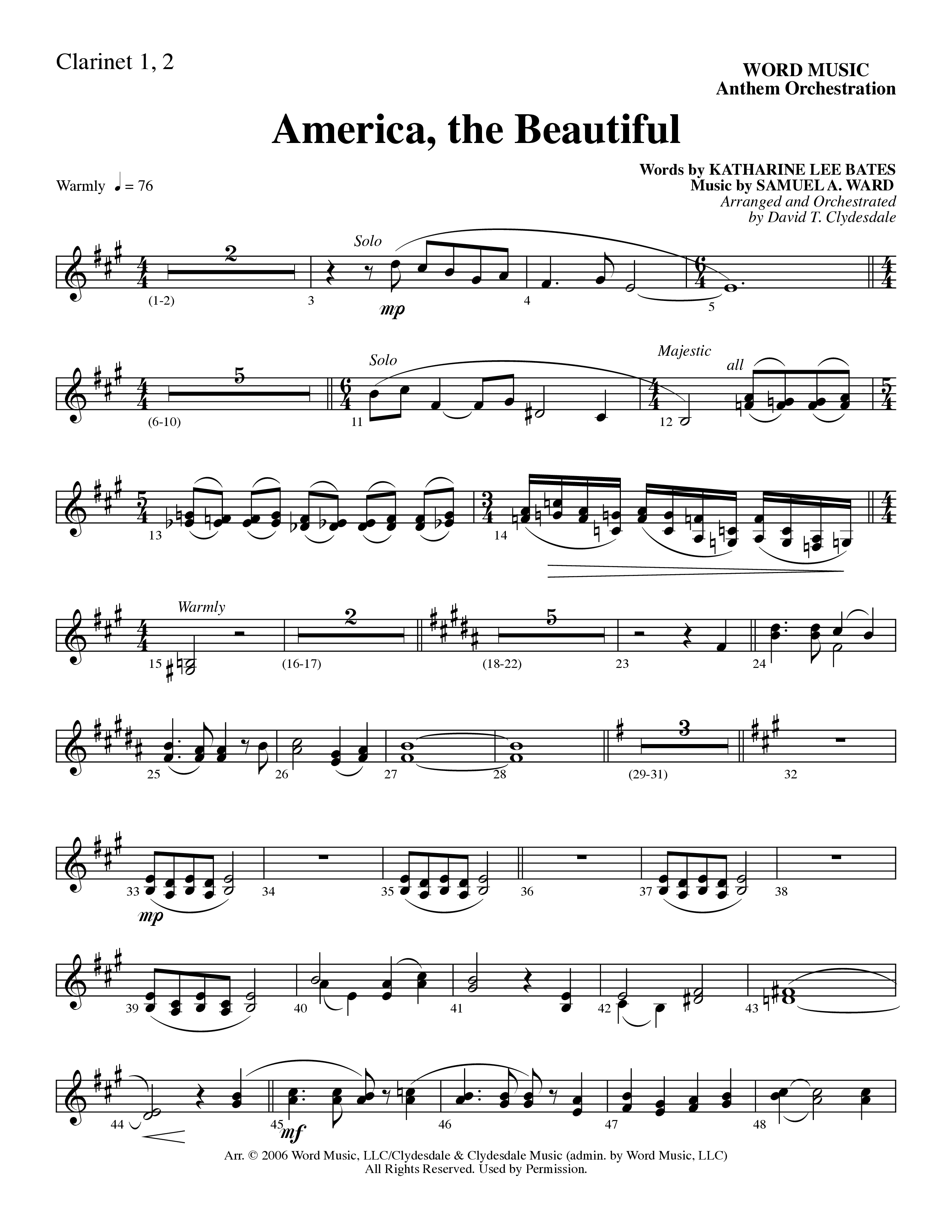 America, the Beautiful (Choral Anthem SATB) Clarinet (Word Music Choral / Arr. David T. Clydesdale)