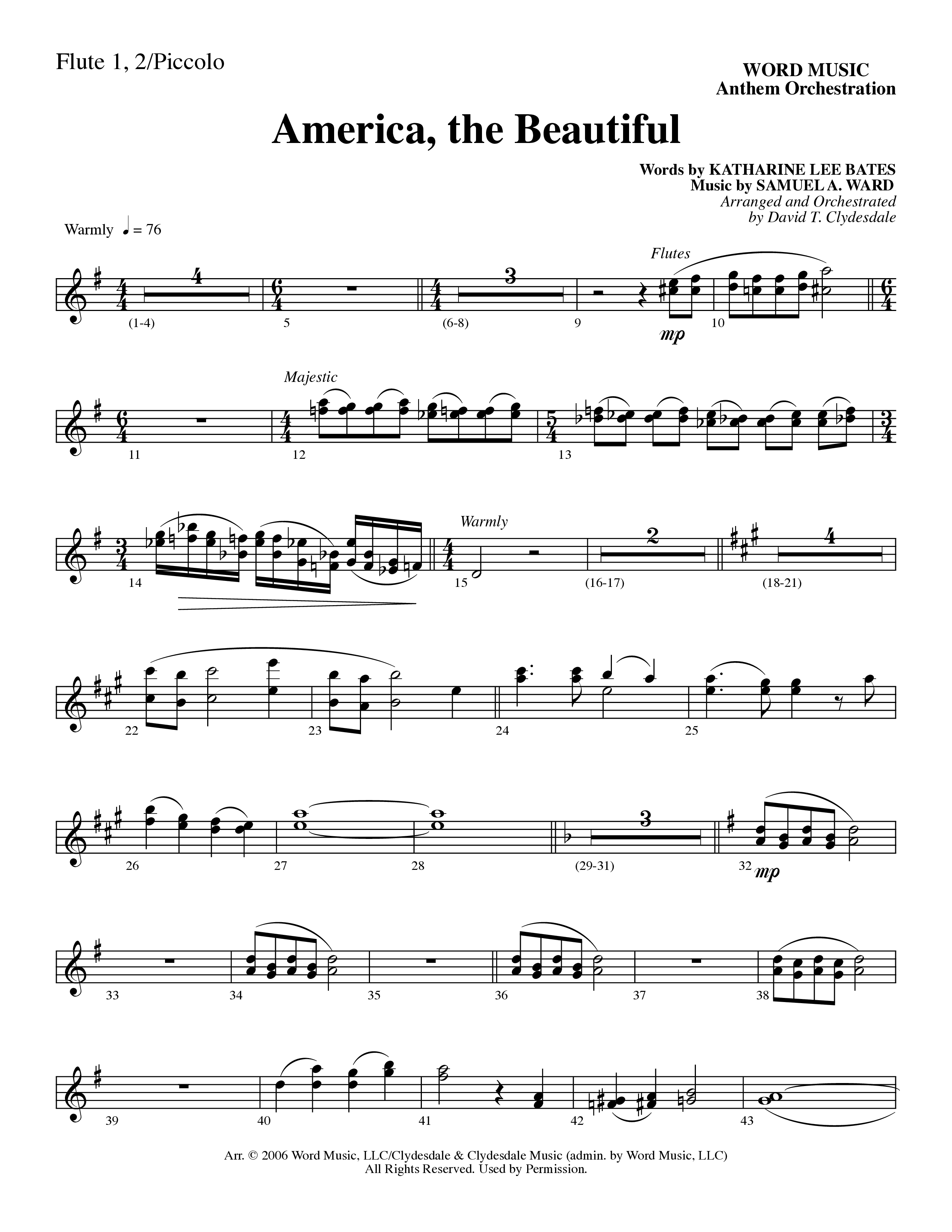 America, the Beautiful (Choral Anthem SATB) Flute (Word Music Choral / Arr. David T. Clydesdale)