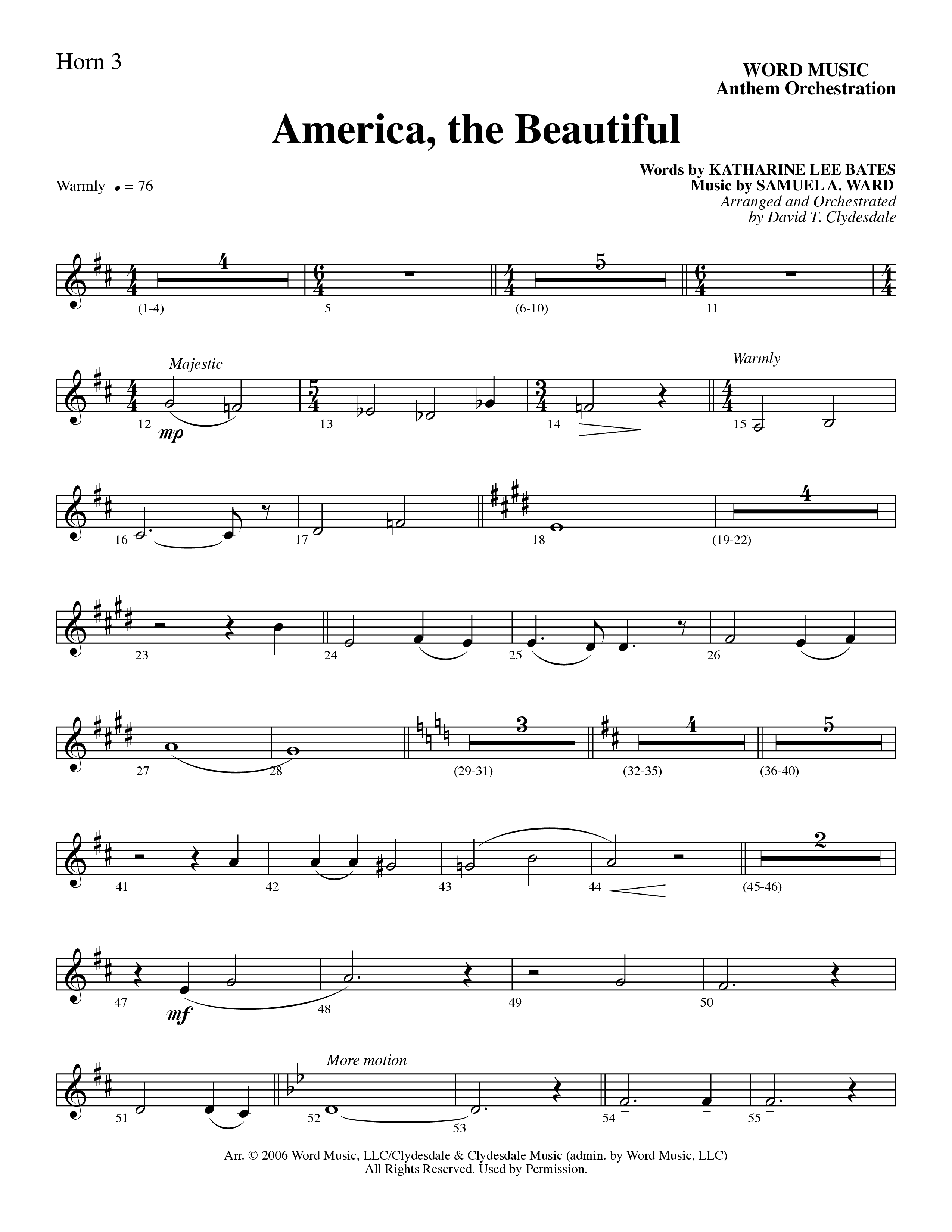 America, the Beautiful (Choral Anthem SATB) French Horn 3 (Word Music Choral / Arr. David T. Clydesdale)