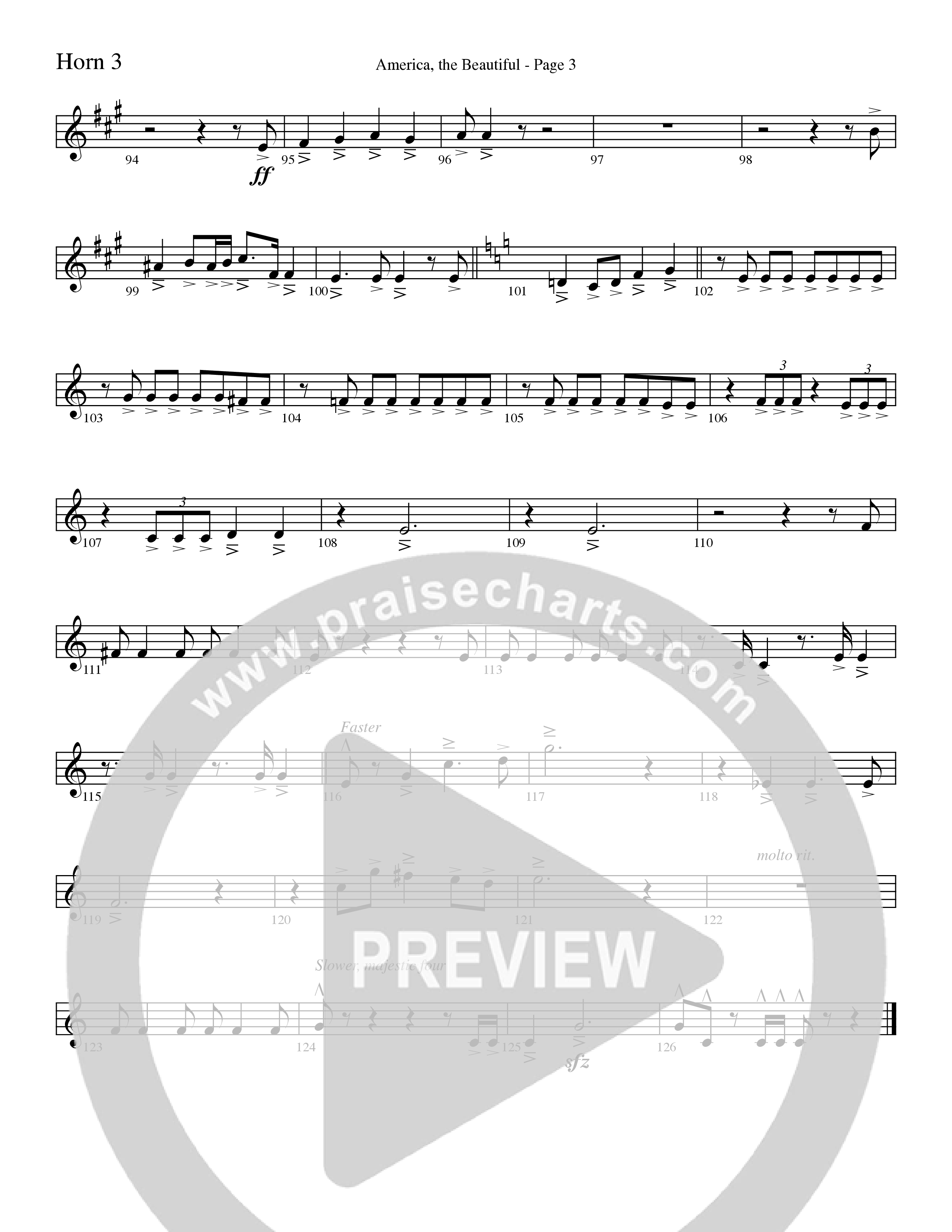 America, the Beautiful (Choral Anthem SATB) French Horn 3 (Word Music Choral / Arr. David T. Clydesdale)