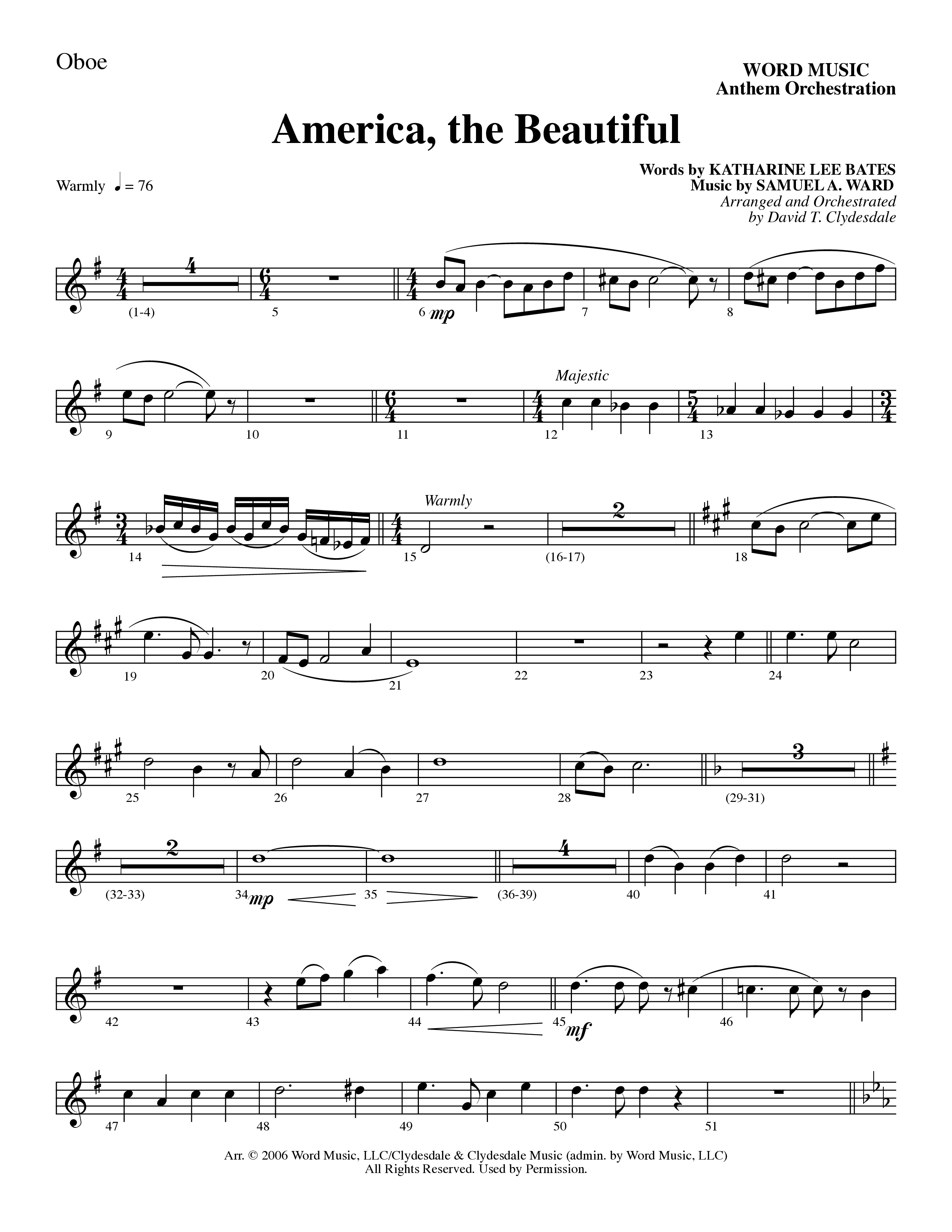 America, the Beautiful (Choral Anthem SATB) Oboe (Word Music Choral / Arr. David T. Clydesdale)