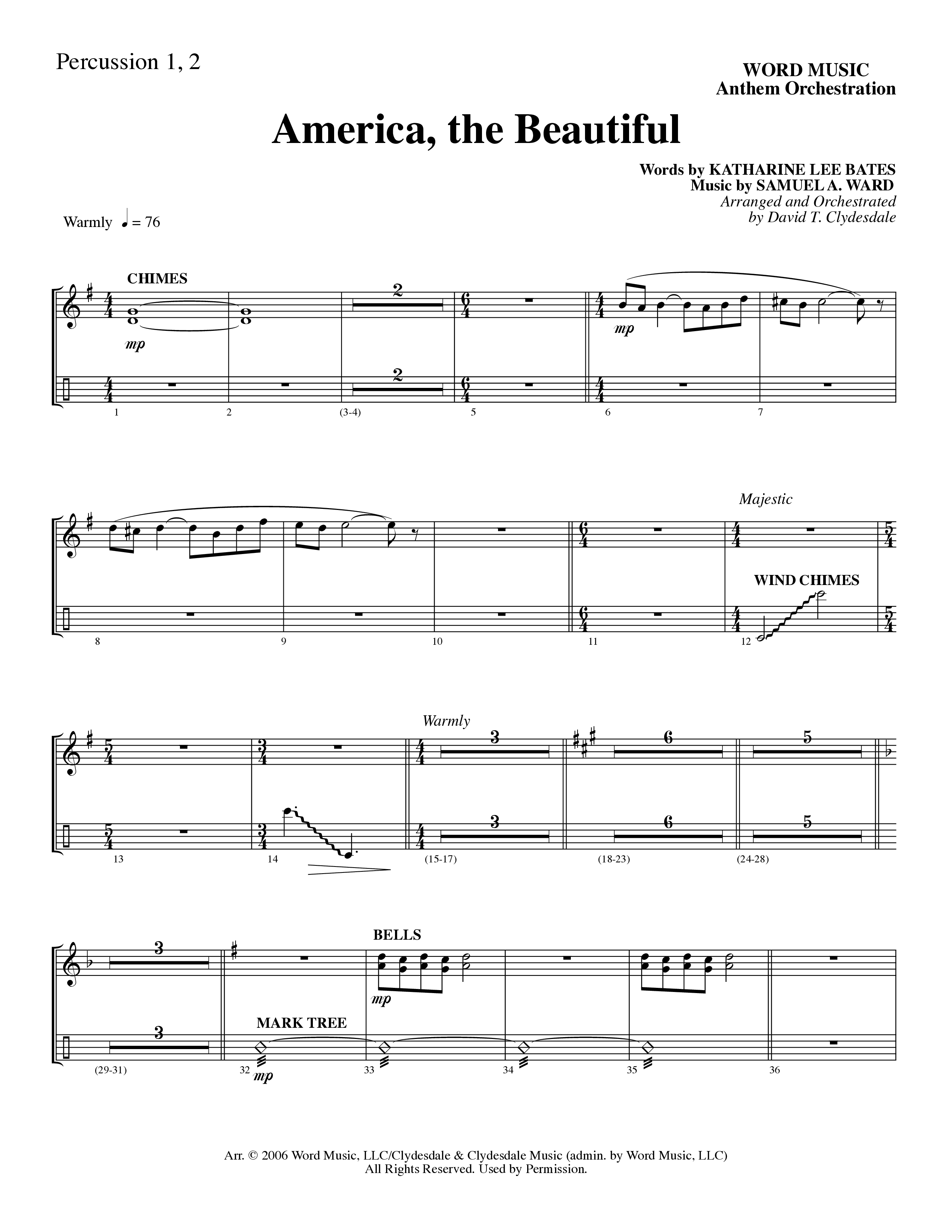 America, the Beautiful (Choral Anthem SATB) Percussion (Word Music Choral / Arr. David T. Clydesdale)