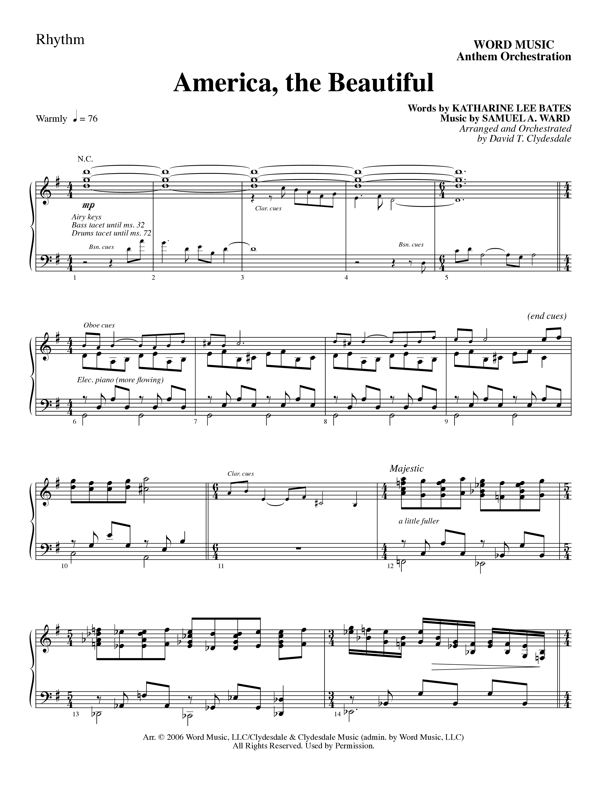 America, the Beautiful (Choral Anthem SATB) Rhythm Chart (Word Music Choral / Arr. David T. Clydesdale)