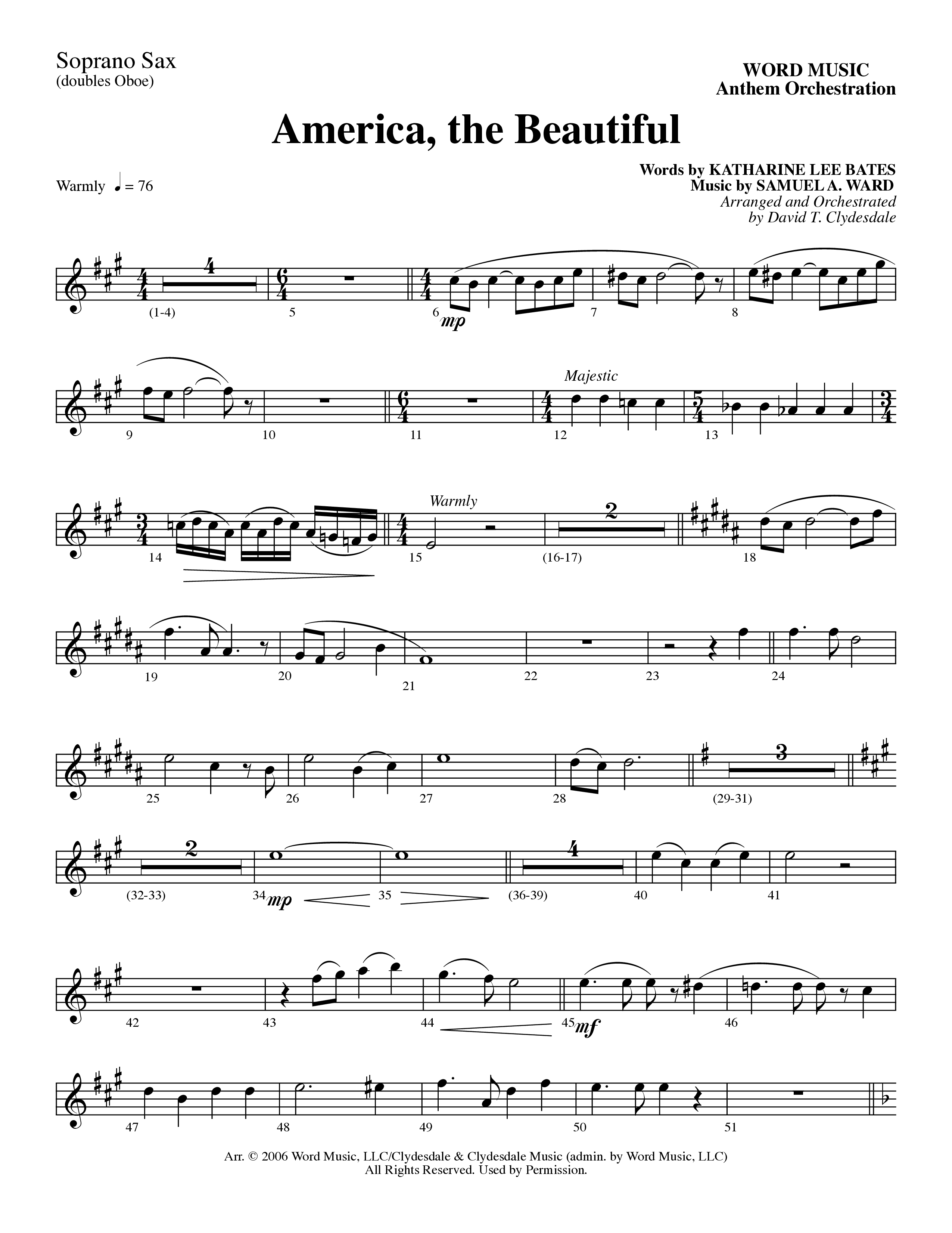 America, the Beautiful (Choral Anthem SATB) Soprano Sax (Word Music Choral / Arr. David T. Clydesdale)