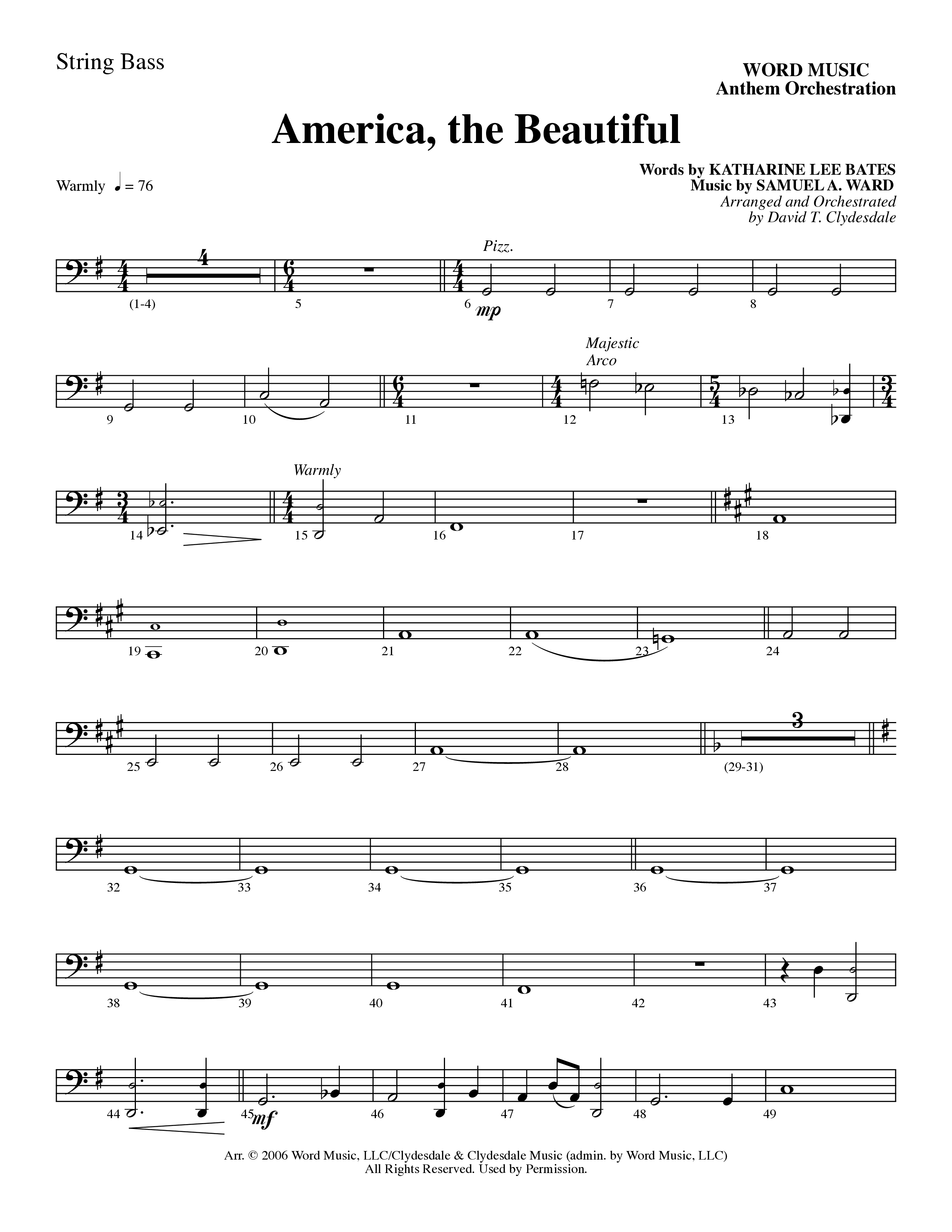 America, the Beautiful (Choral Anthem SATB) String Bass (Word Music Choral / Arr. David T. Clydesdale)