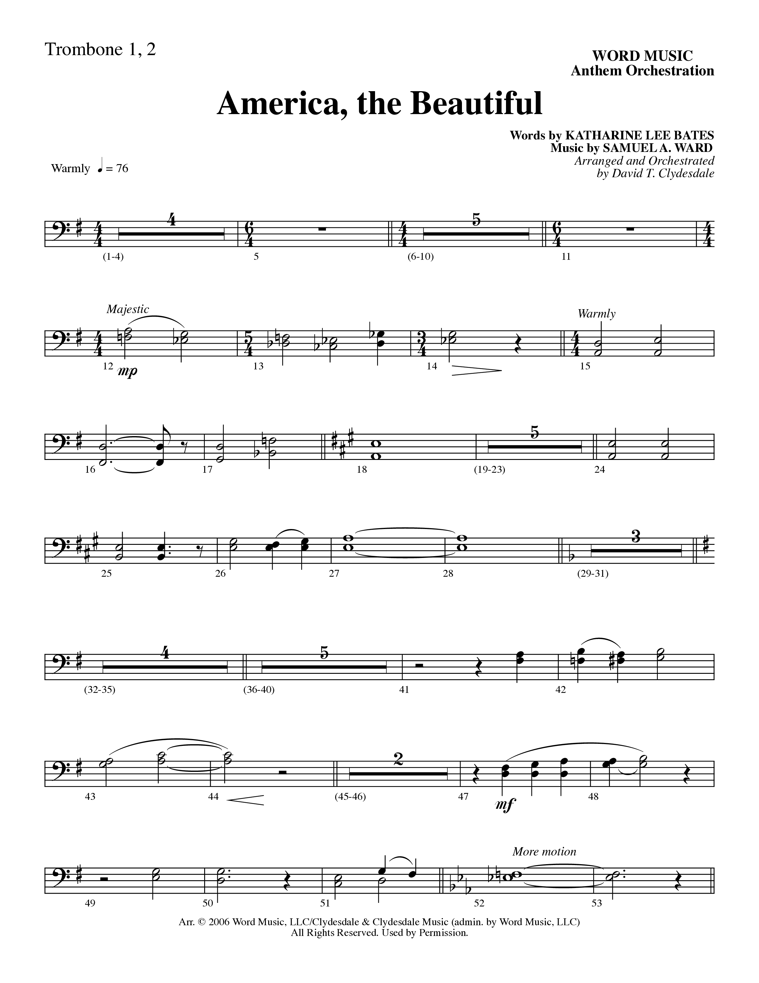 America, the Beautiful (Choral Anthem SATB) Trombone 1/2 (Word Music Choral / Arr. David T. Clydesdale)