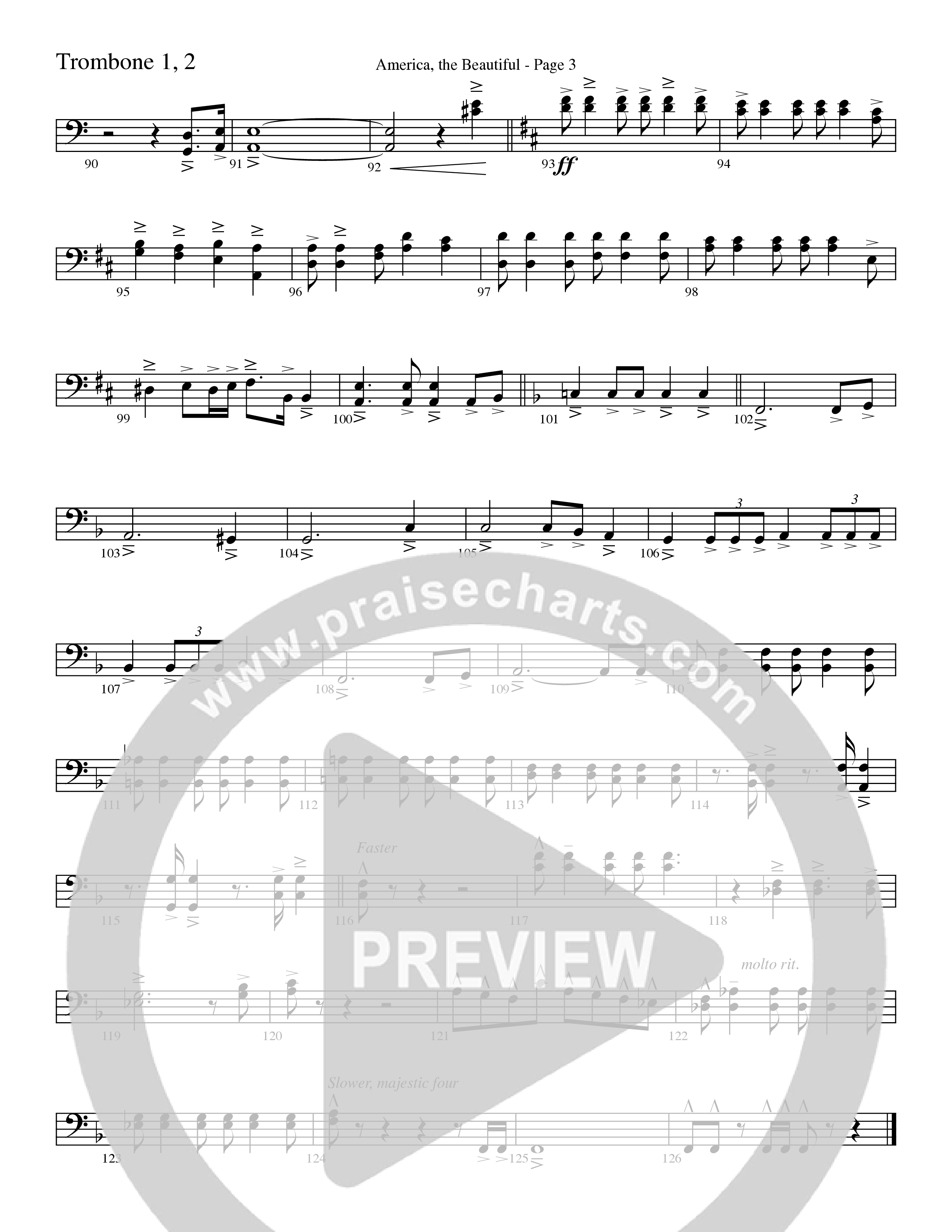America, the Beautiful (Choral Anthem SATB) Trombone 1/2 (Word Music Choral / Arr. David T. Clydesdale)