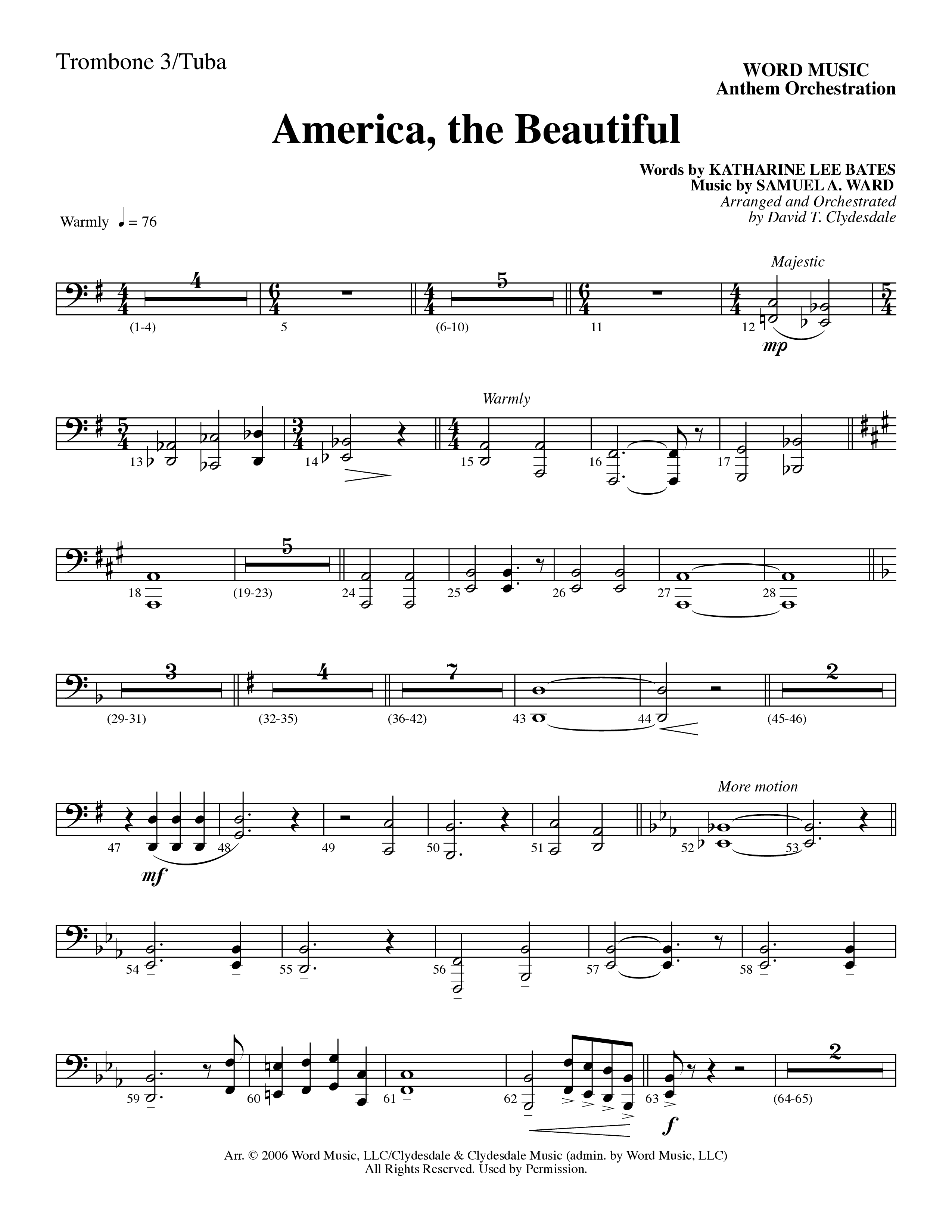America, the Beautiful (Choral Anthem SATB) Trombone 3/Tuba (Word Music Choral / Arr. David T. Clydesdale)