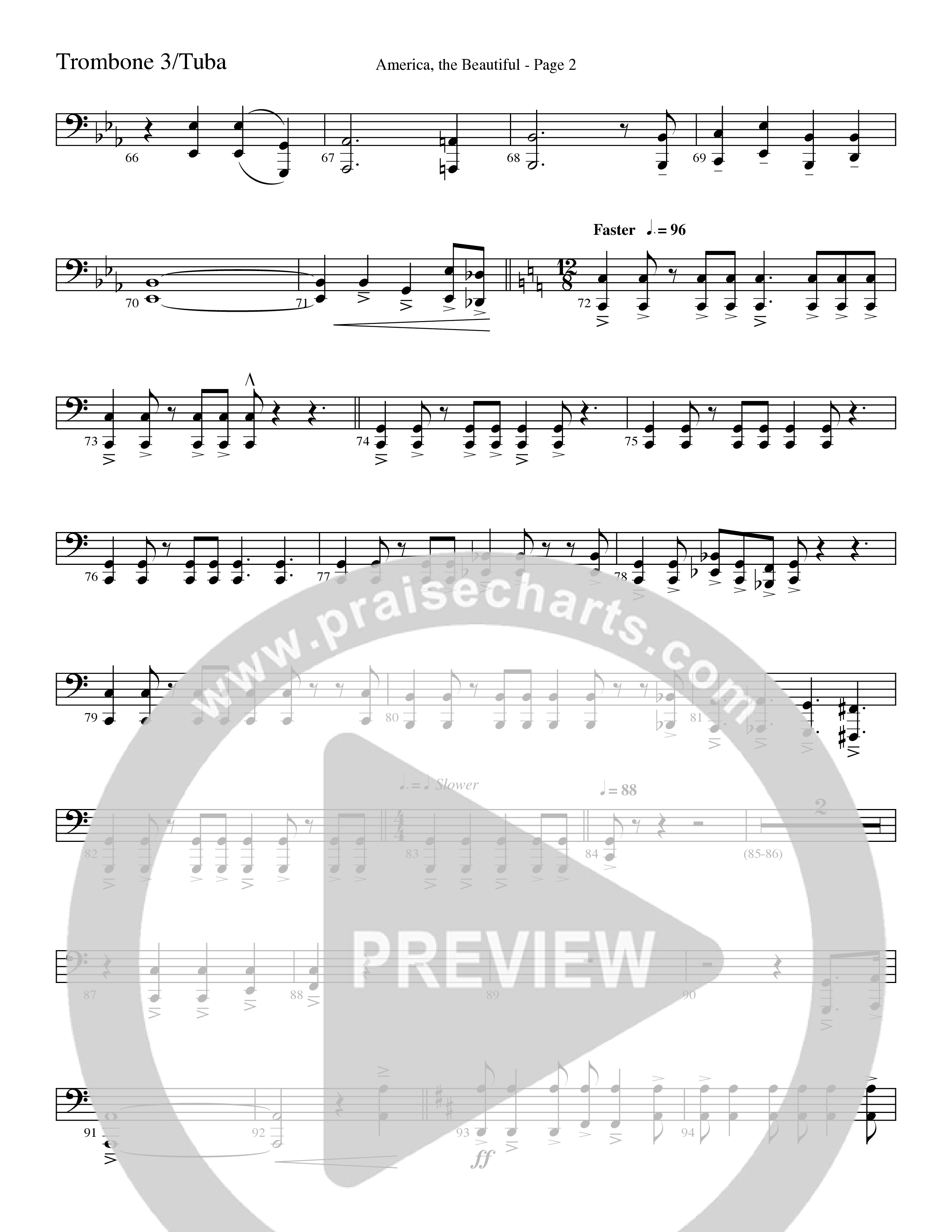 America, the Beautiful (Choral Anthem SATB) Trombone 3/Tuba (Word Music Choral / Arr. David T. Clydesdale)