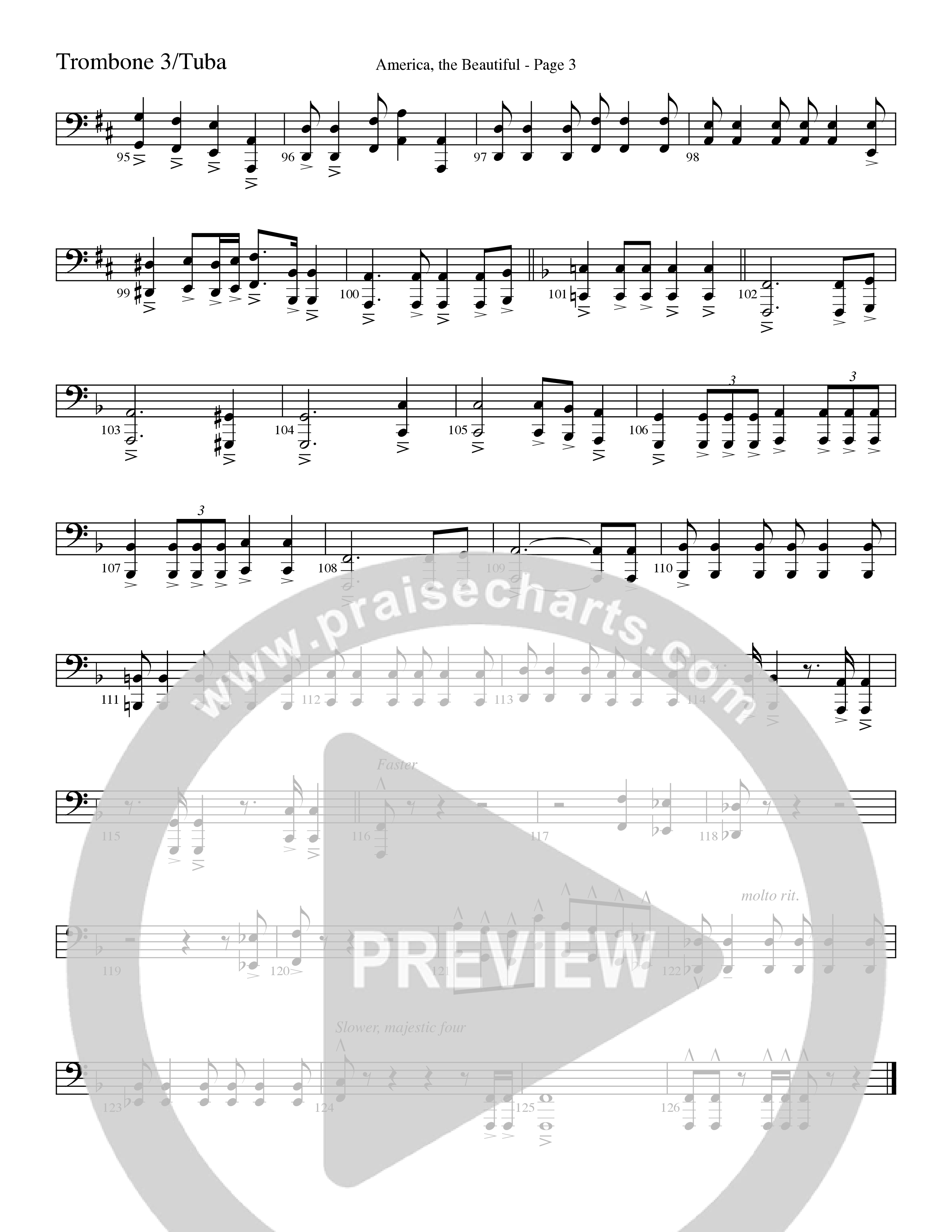 America, the Beautiful (Choral Anthem SATB) Trombone 3/Tuba (Word Music Choral / Arr. David T. Clydesdale)