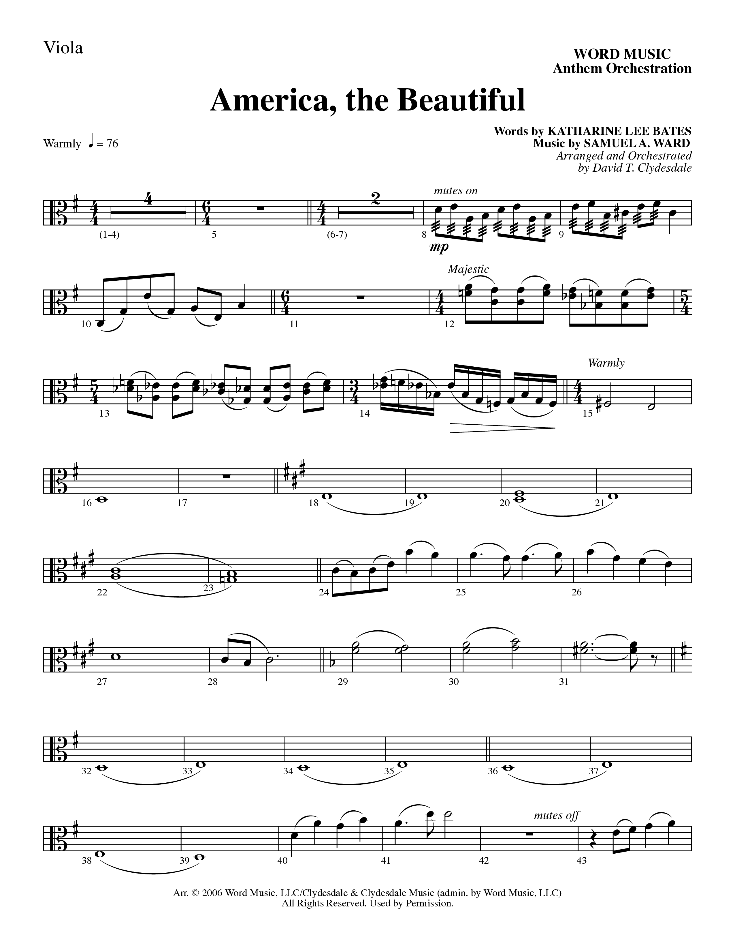 America, the Beautiful (Choral Anthem SATB) Viola (Word Music Choral / Arr. David T. Clydesdale)