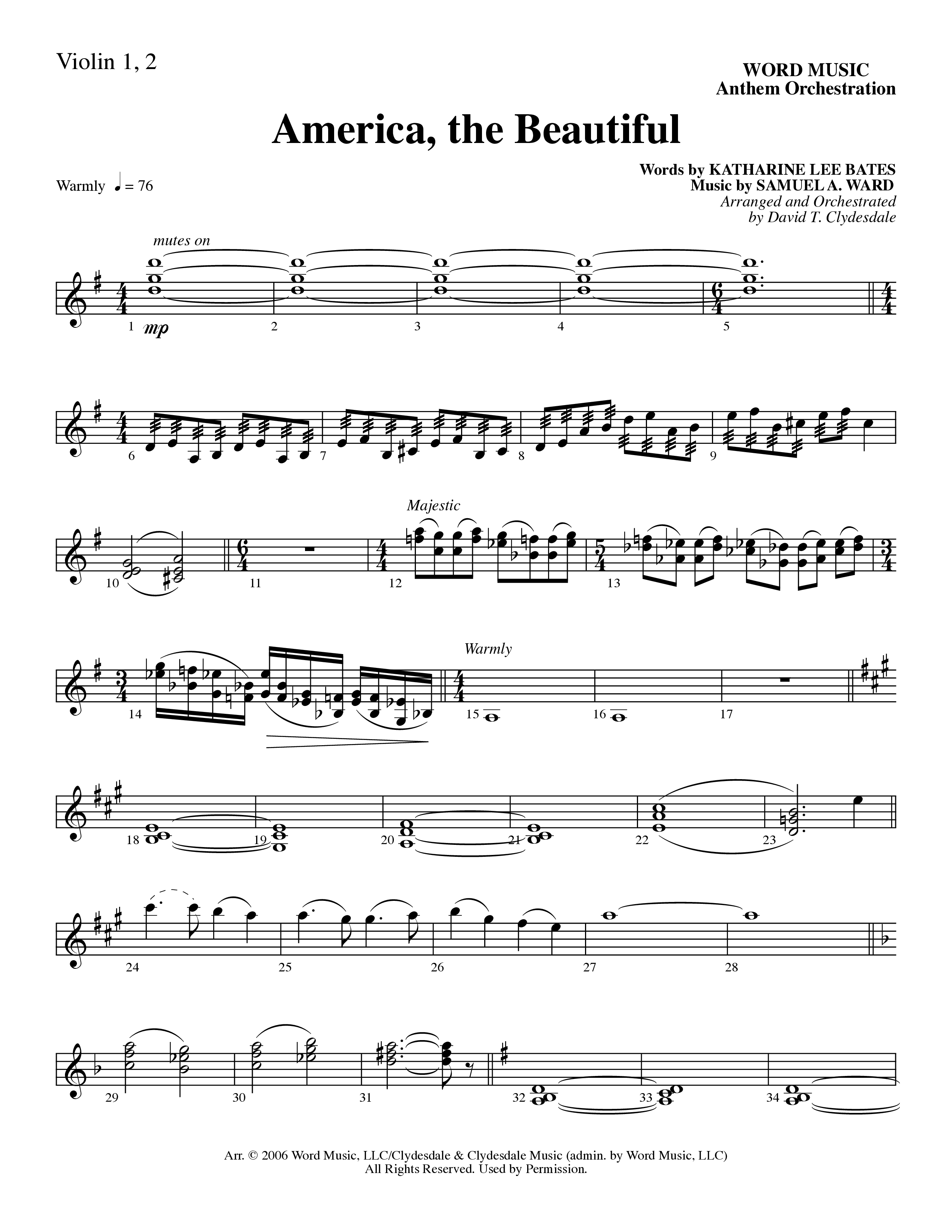America, the Beautiful (Choral Anthem SATB) Violin 1/2 (Word Music Choral / Arr. David T. Clydesdale)